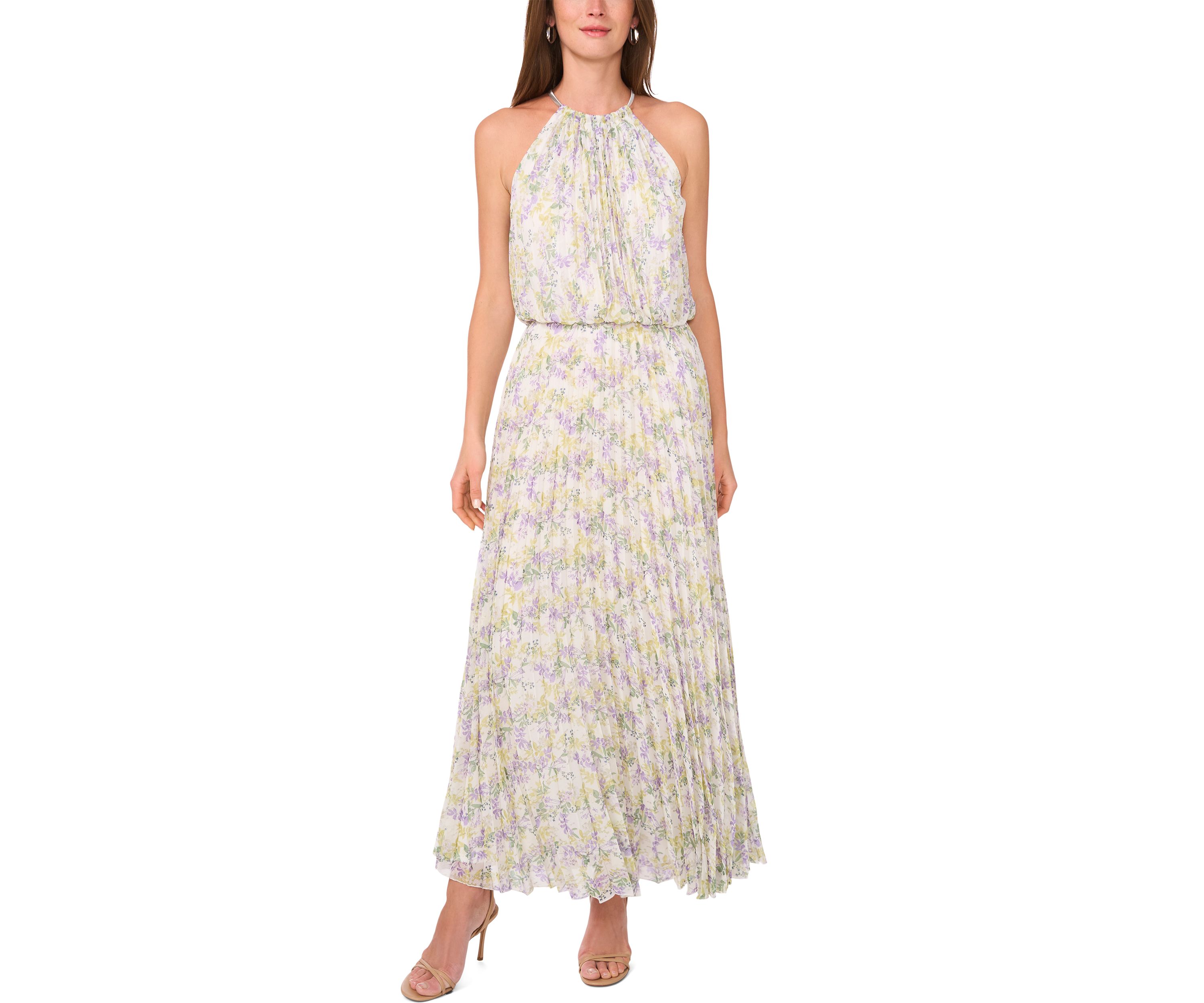 Womens Sleeveless Halter Neck Printed Chiffon Maxi Dress