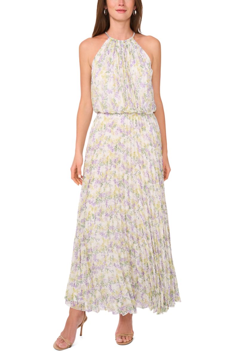 Womens Sleeveless Halter Neck Printed Chiffon Maxi Dress