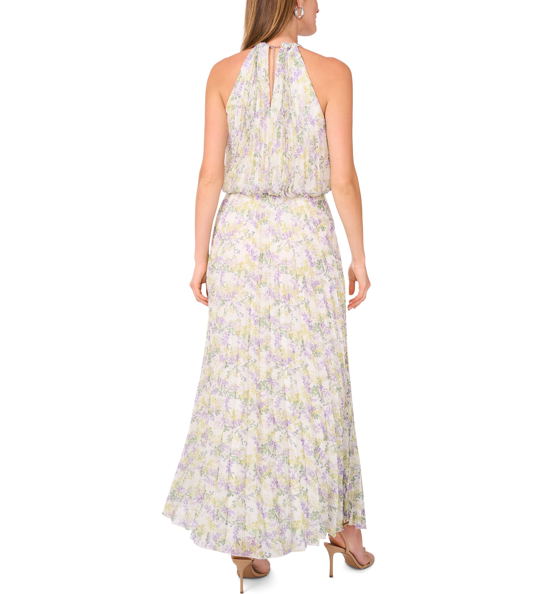 Womens Sleeveless Halter Neck Printed Chiffon Maxi Dress