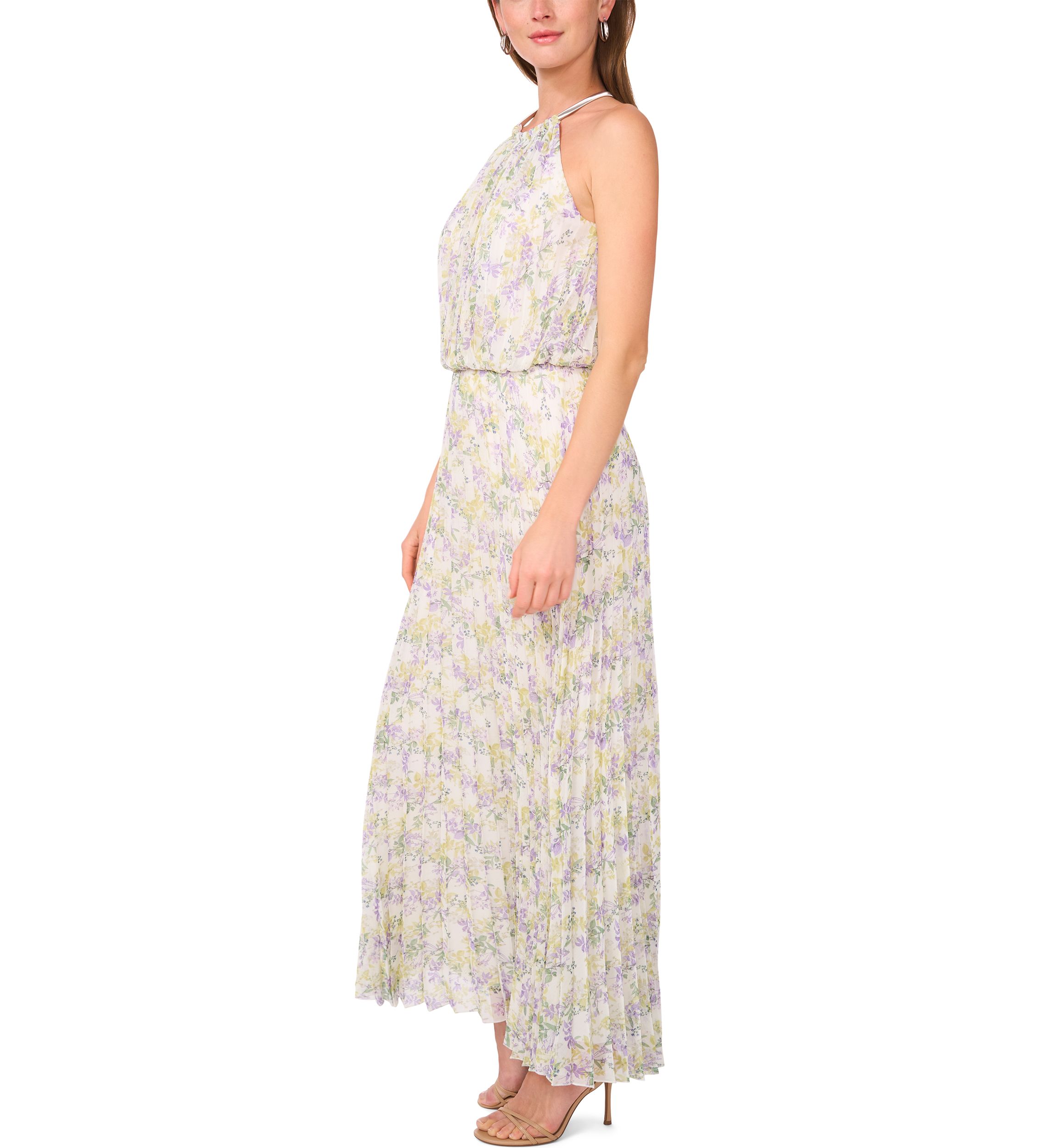 Womens Sleeveless Halter Neck Printed Chiffon Maxi Dress