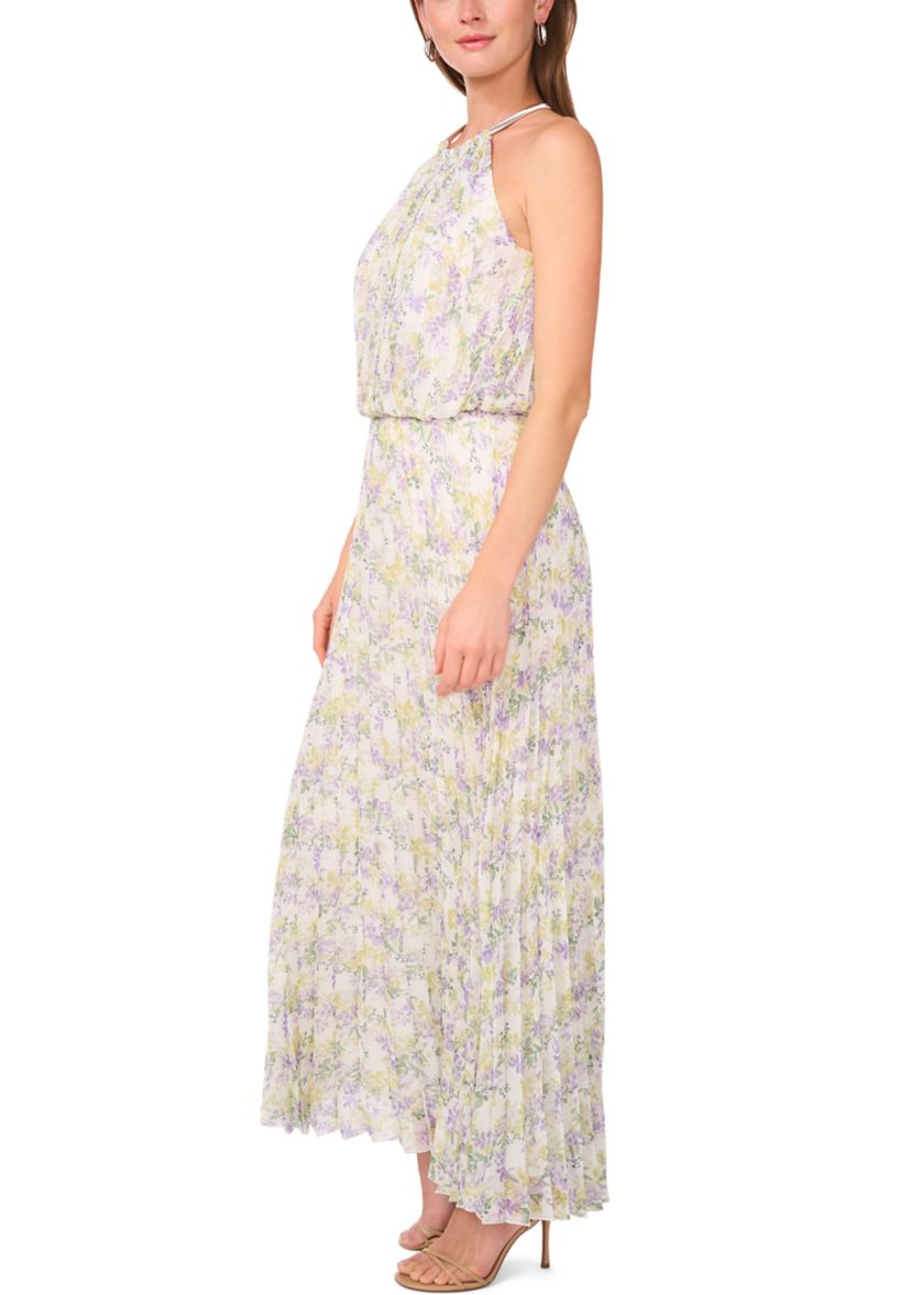 Womens Sleeveless Halter Neck Printed Chiffon Maxi Dress