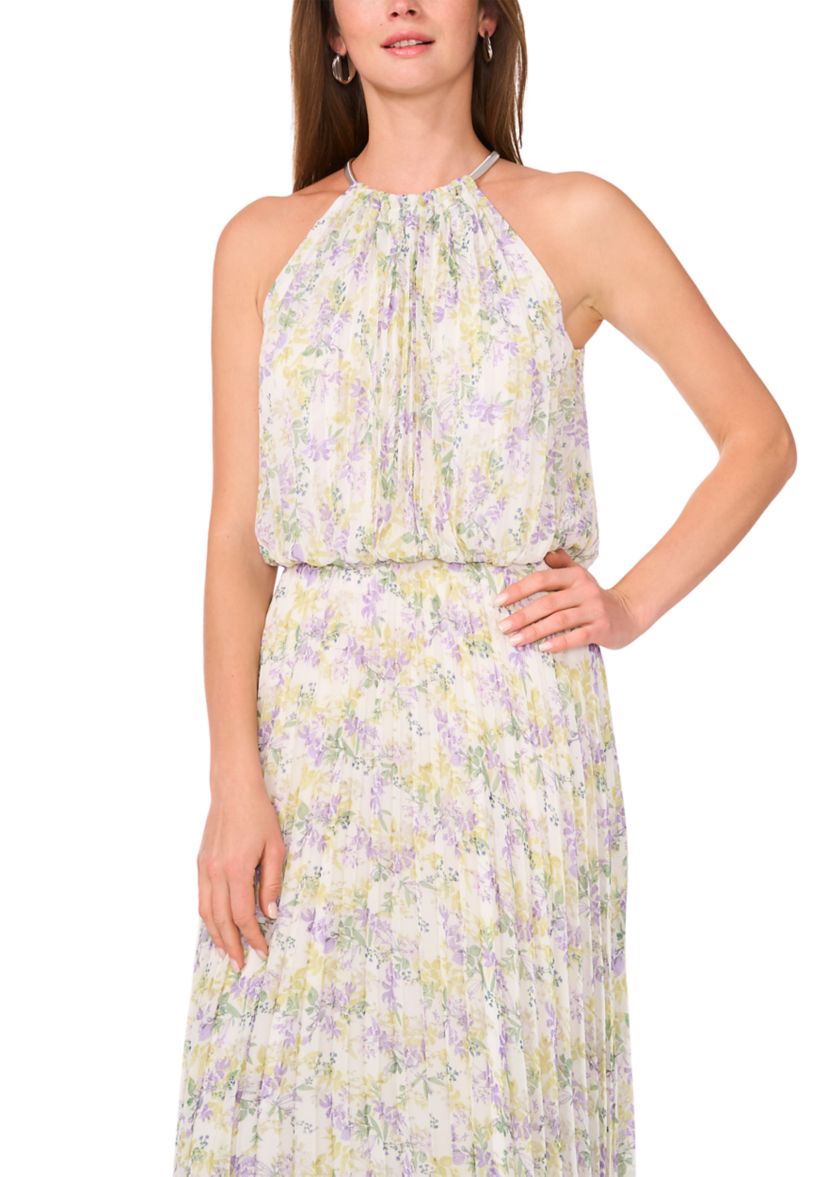 Womens Sleeveless Halter Neck Printed Chiffon Maxi Dress