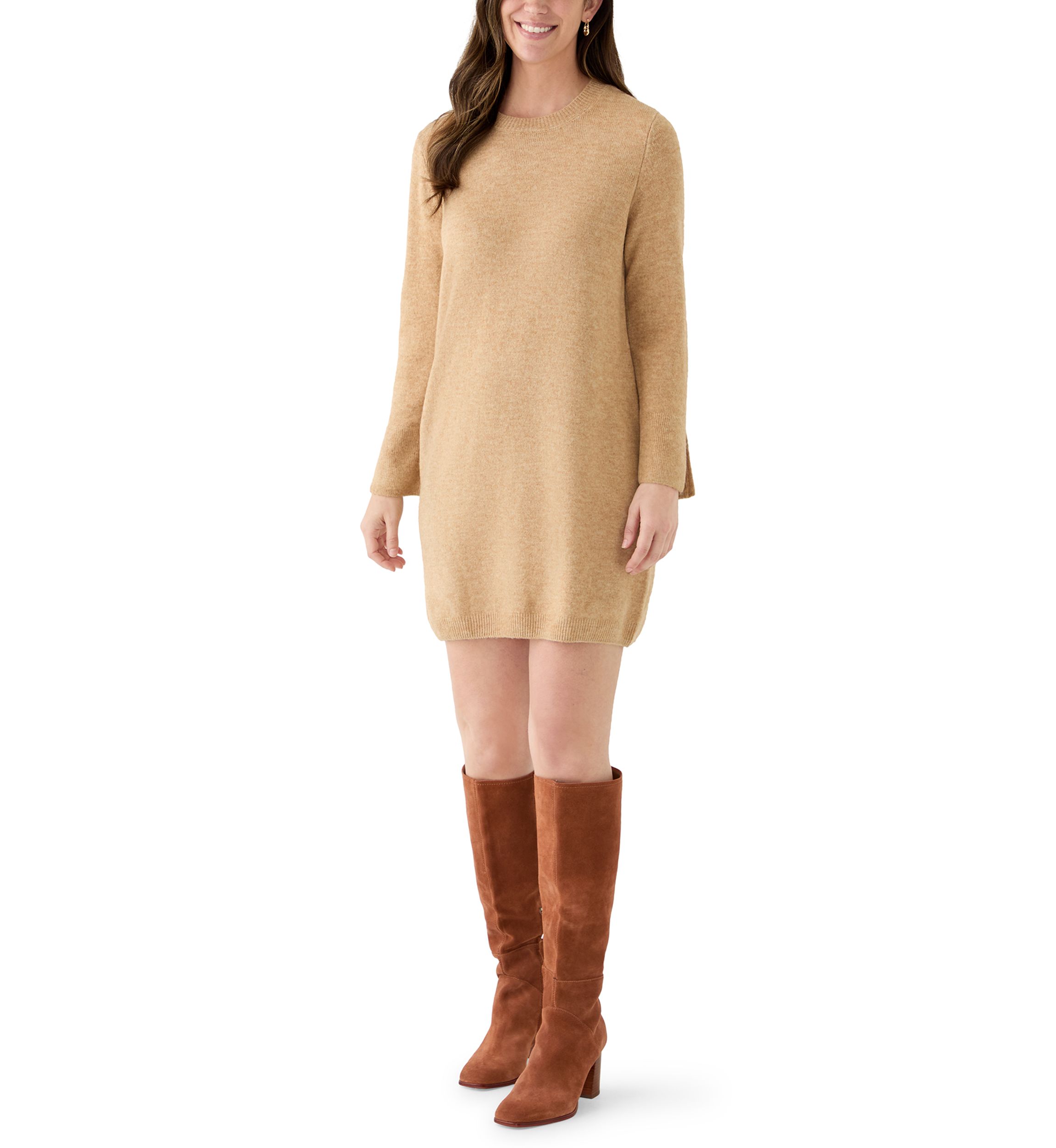 Womens Long Sleeve Solid A-Line Sweater Dress