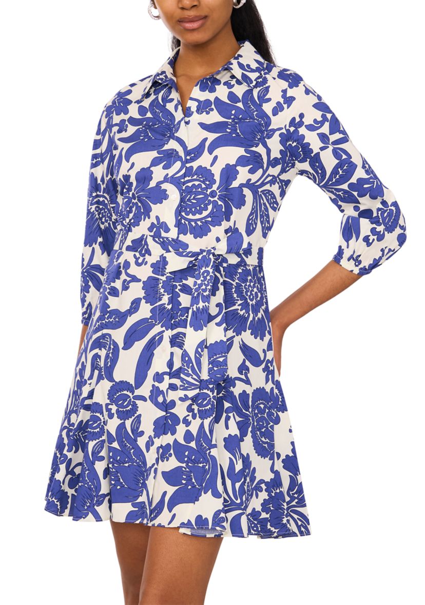 Womens Puff Sleeve Collar Floral Print A-Line Dress
