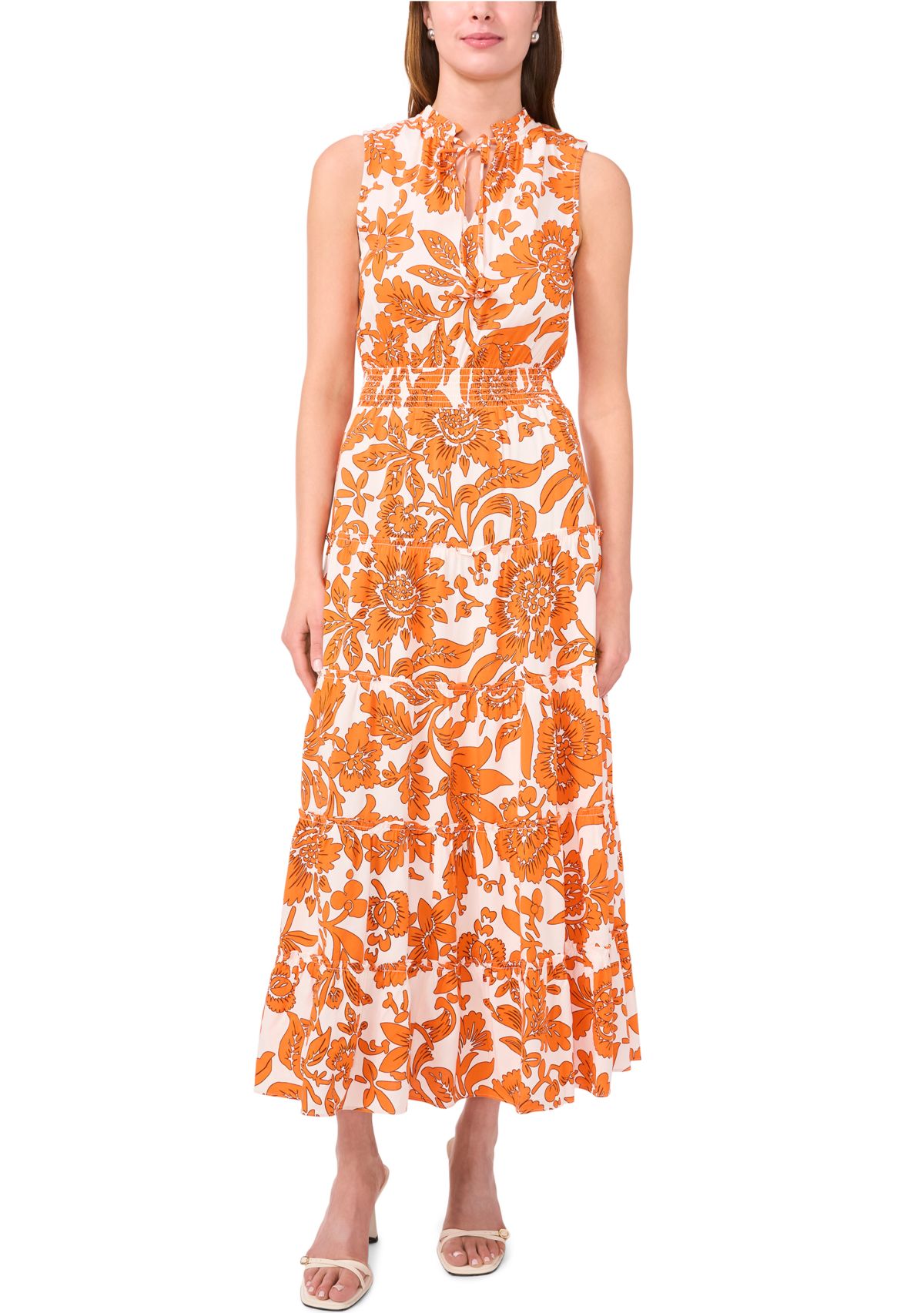 Womens Sleeveless Tie Neck Floral Print Dress