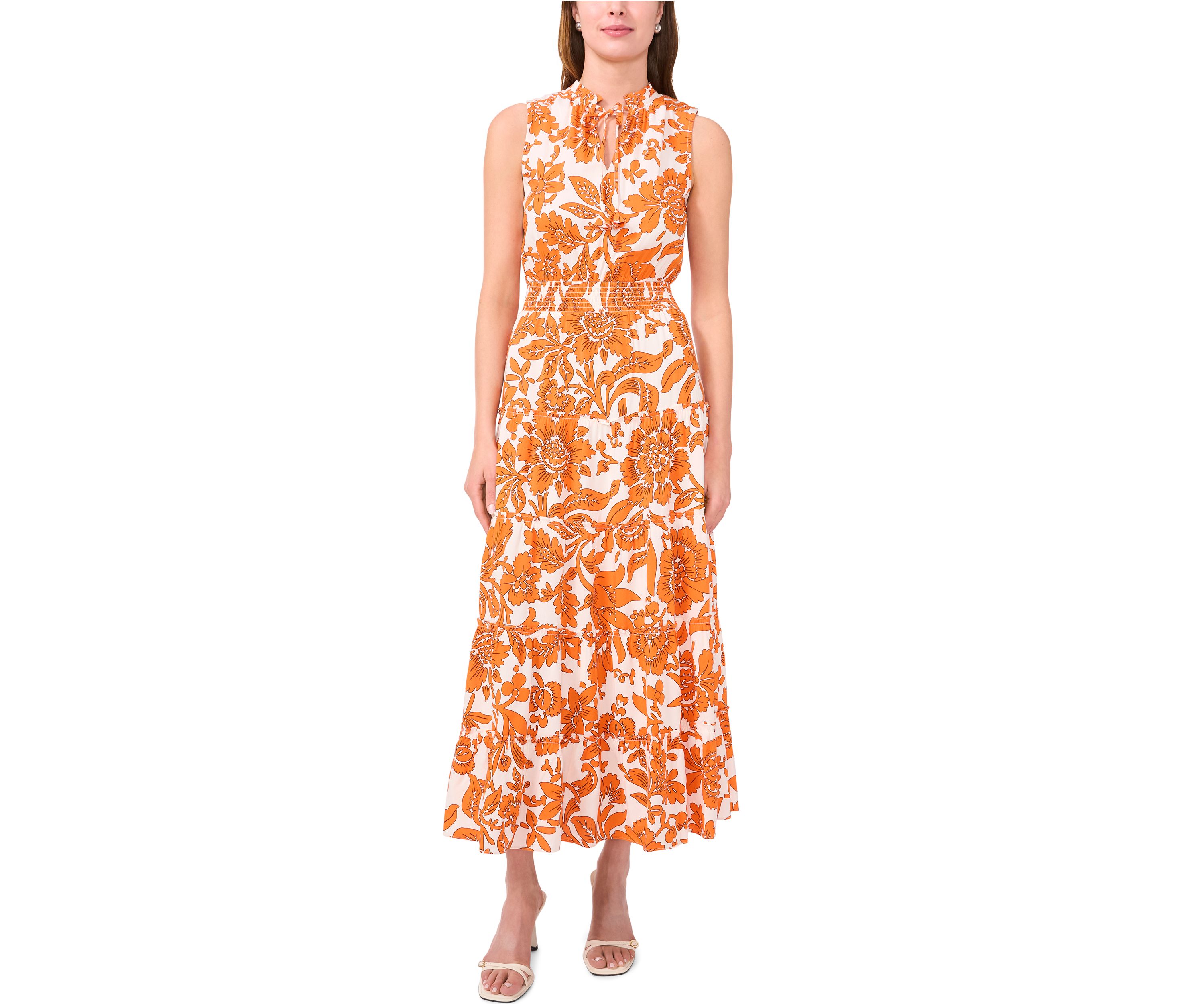 Womens Sleeveless Tie Neck Floral Print Dress