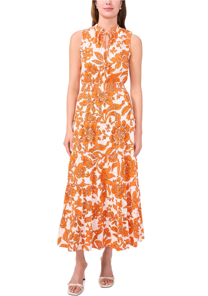 Womens Sleeveless Tie Neck Floral Print Dress