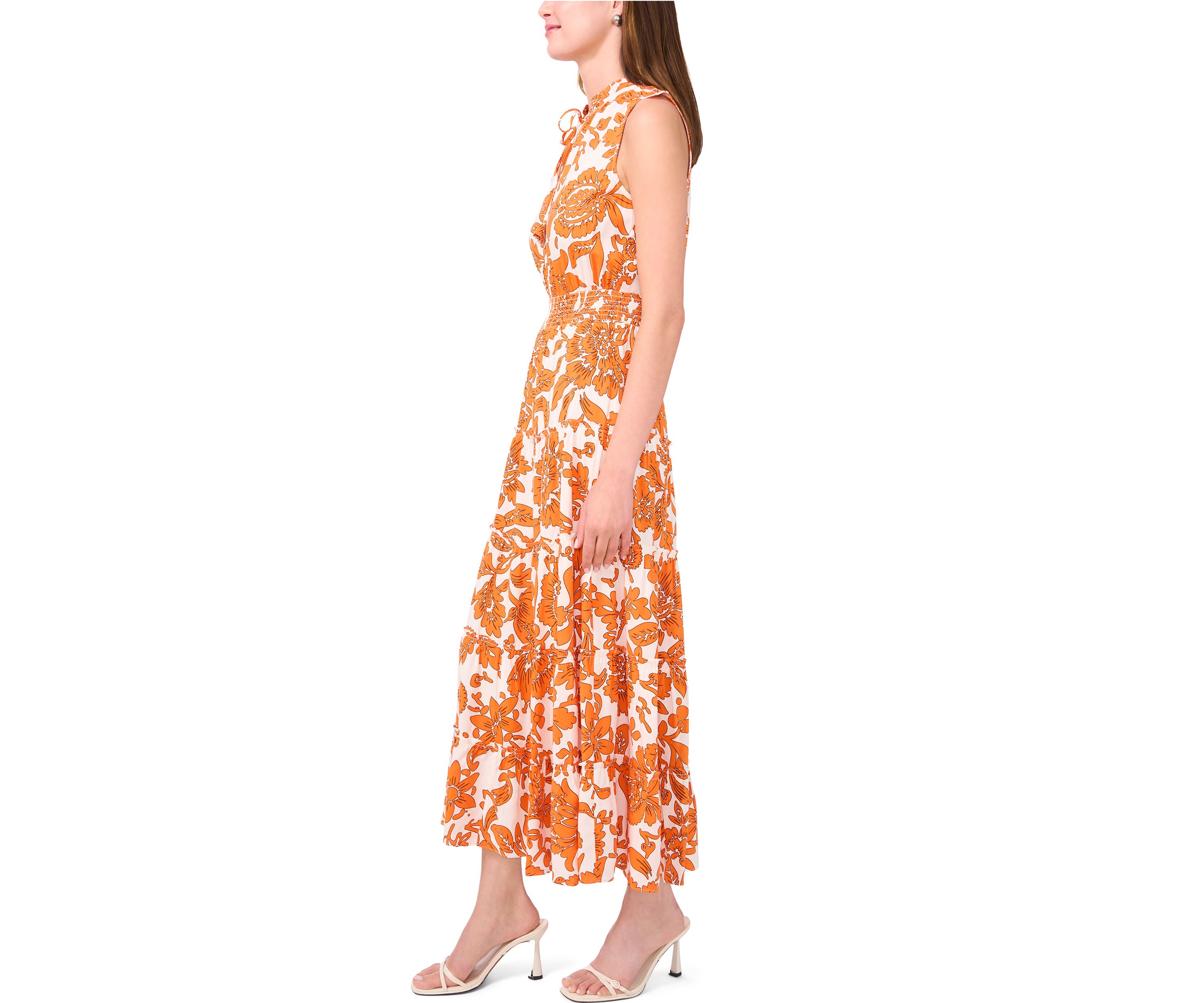 Womens Sleeveless Tie Neck Floral Print Dress
