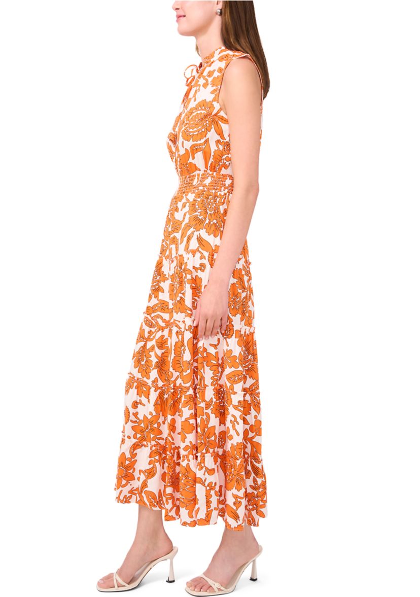 Womens Sleeveless Tie Neck Floral Print Dress