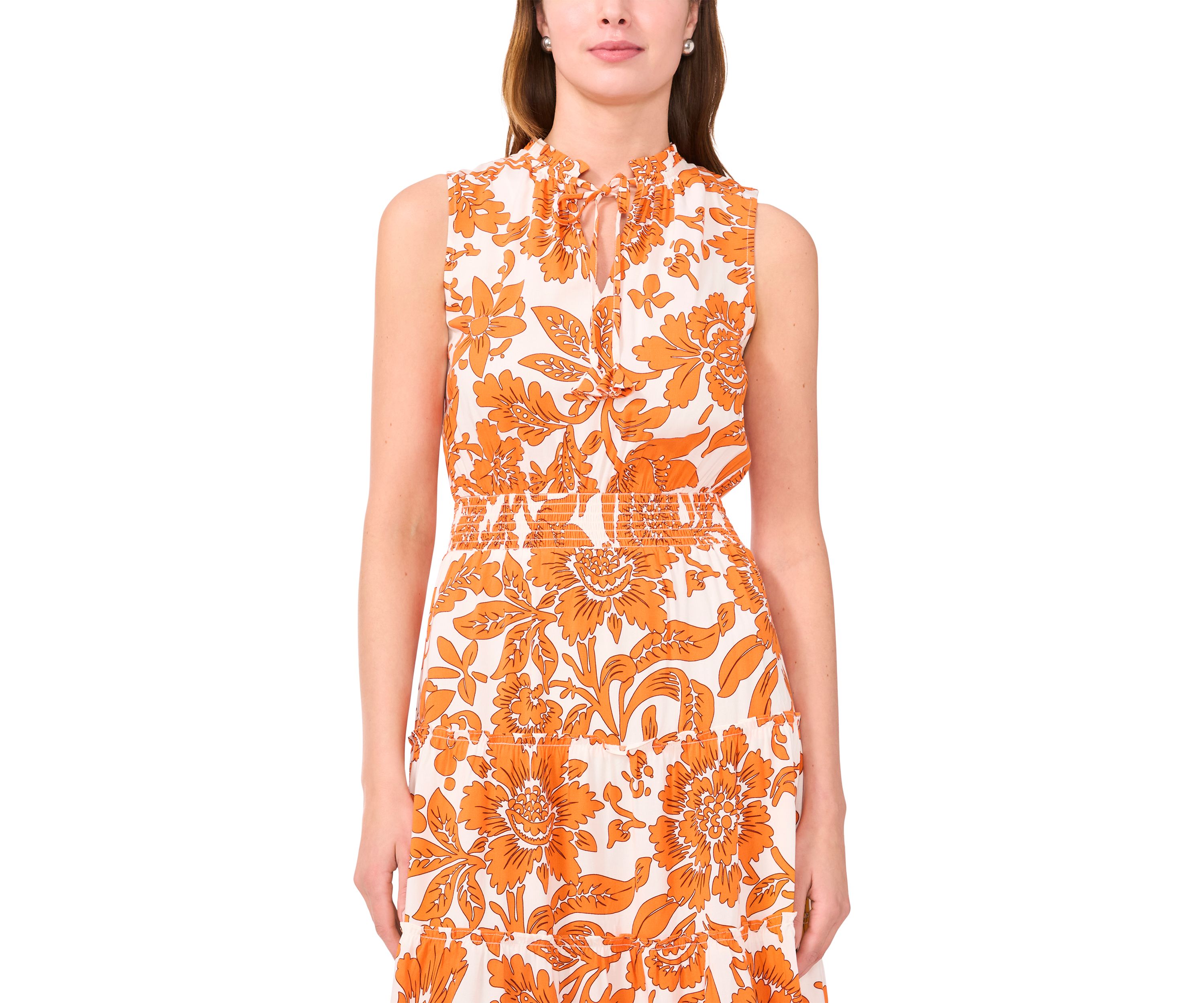Womens Sleeveless Tie Neck Floral Print Dress