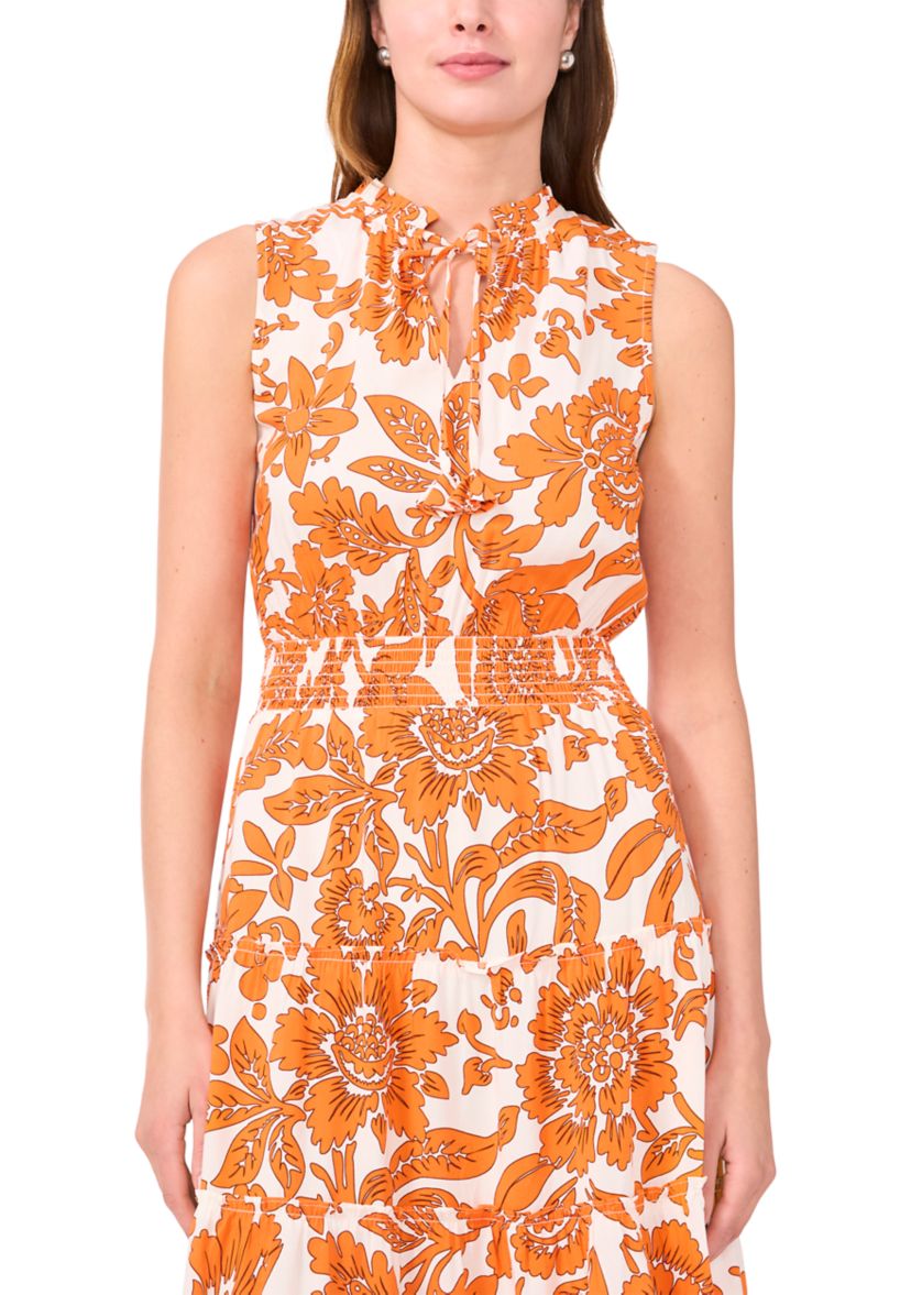 Womens Sleeveless Tie Neck Floral Print Dress