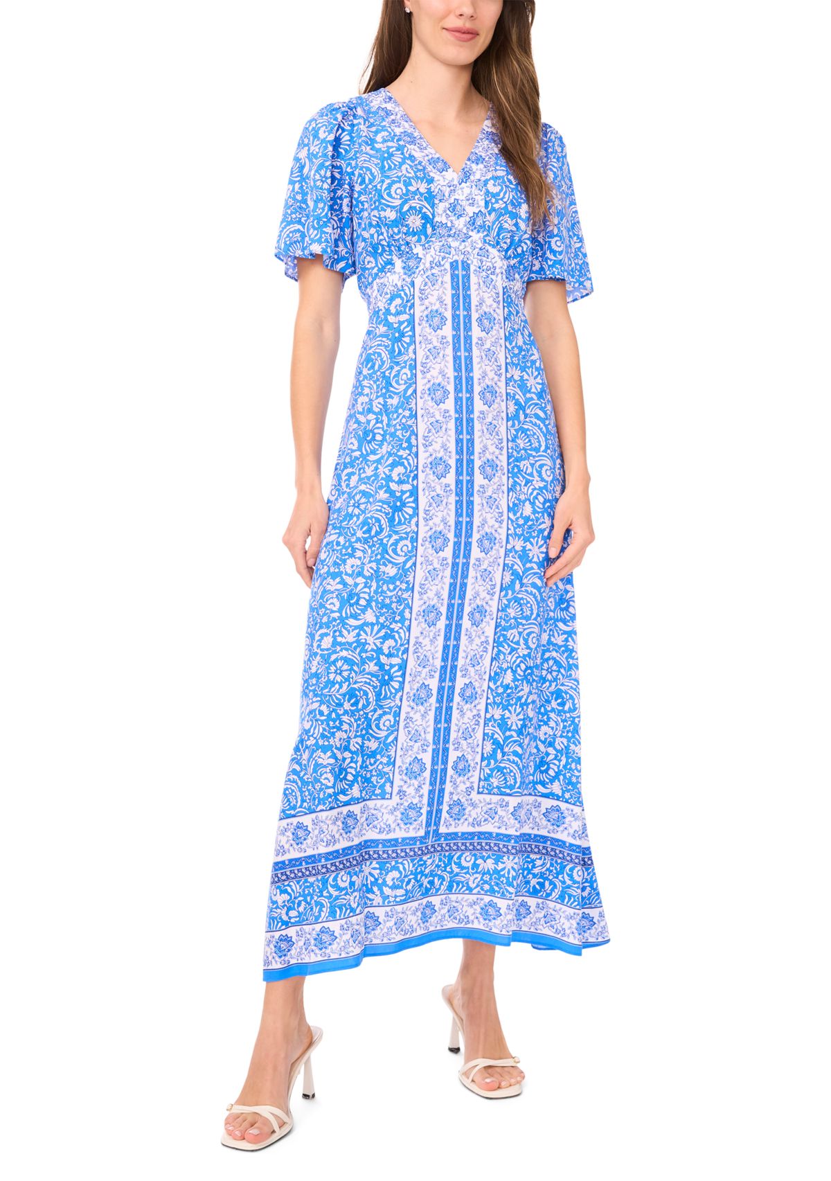 Womens Sleeveles V-Neck Printed Maxi Dress
