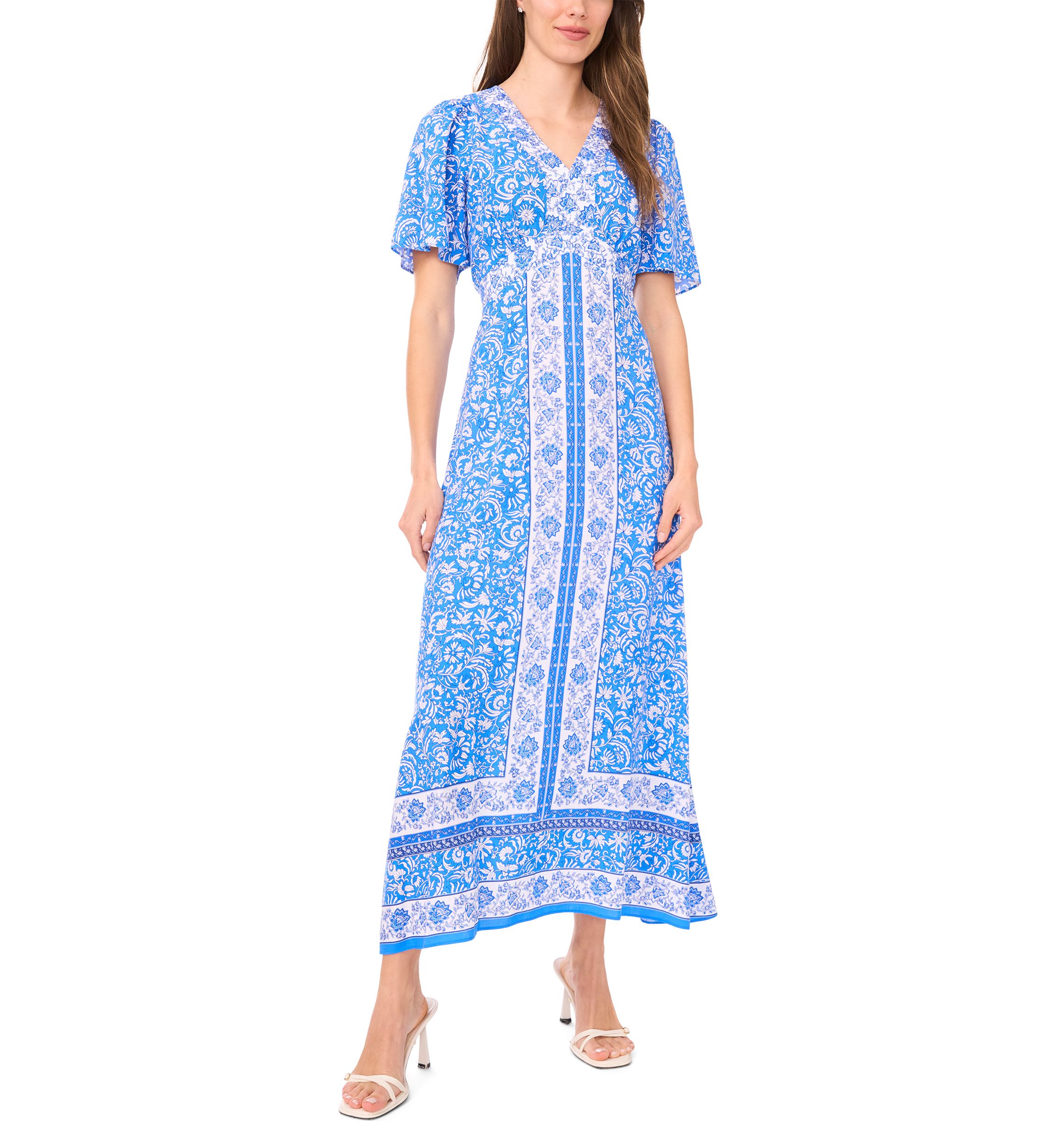 Womens Sleeveles V-Neck Printed Maxi Dress