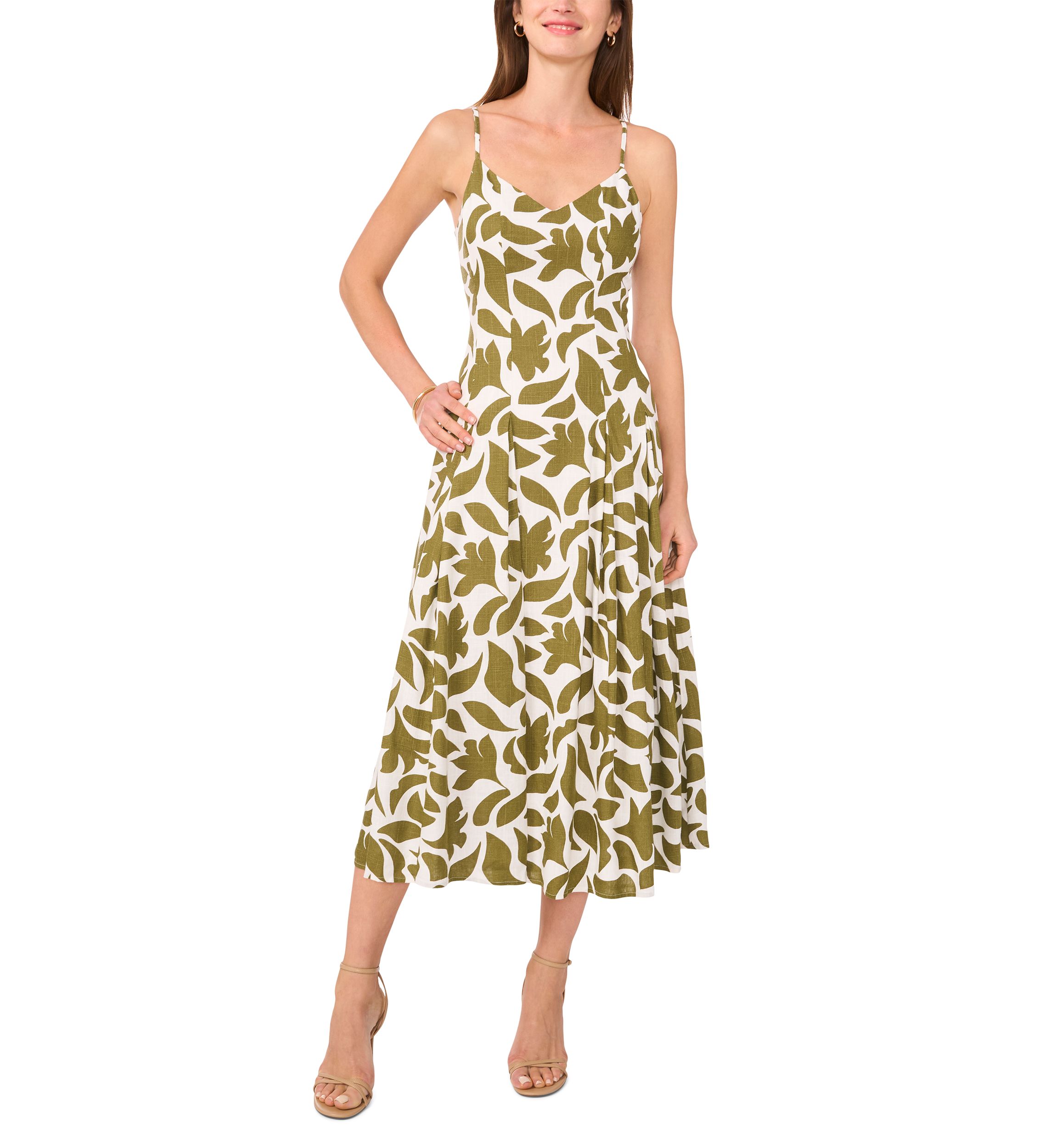 Womens V-Neck Printed A-Line Midi Dress