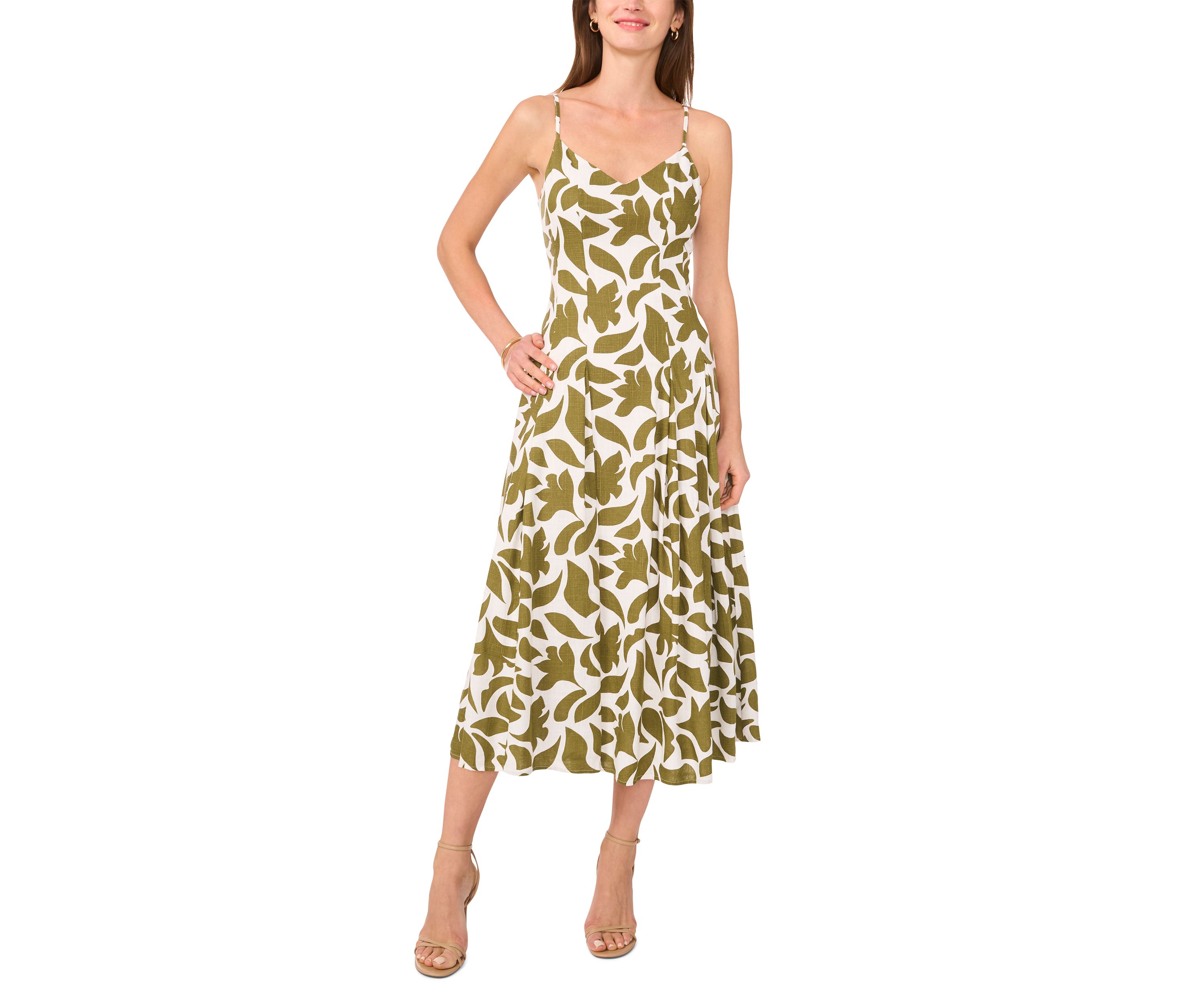 Womens V-Neck Printed A-Line Midi Dress