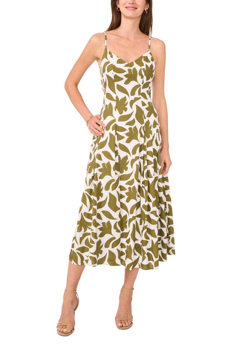 Womens V-Neck Printed A-Line Midi Dress