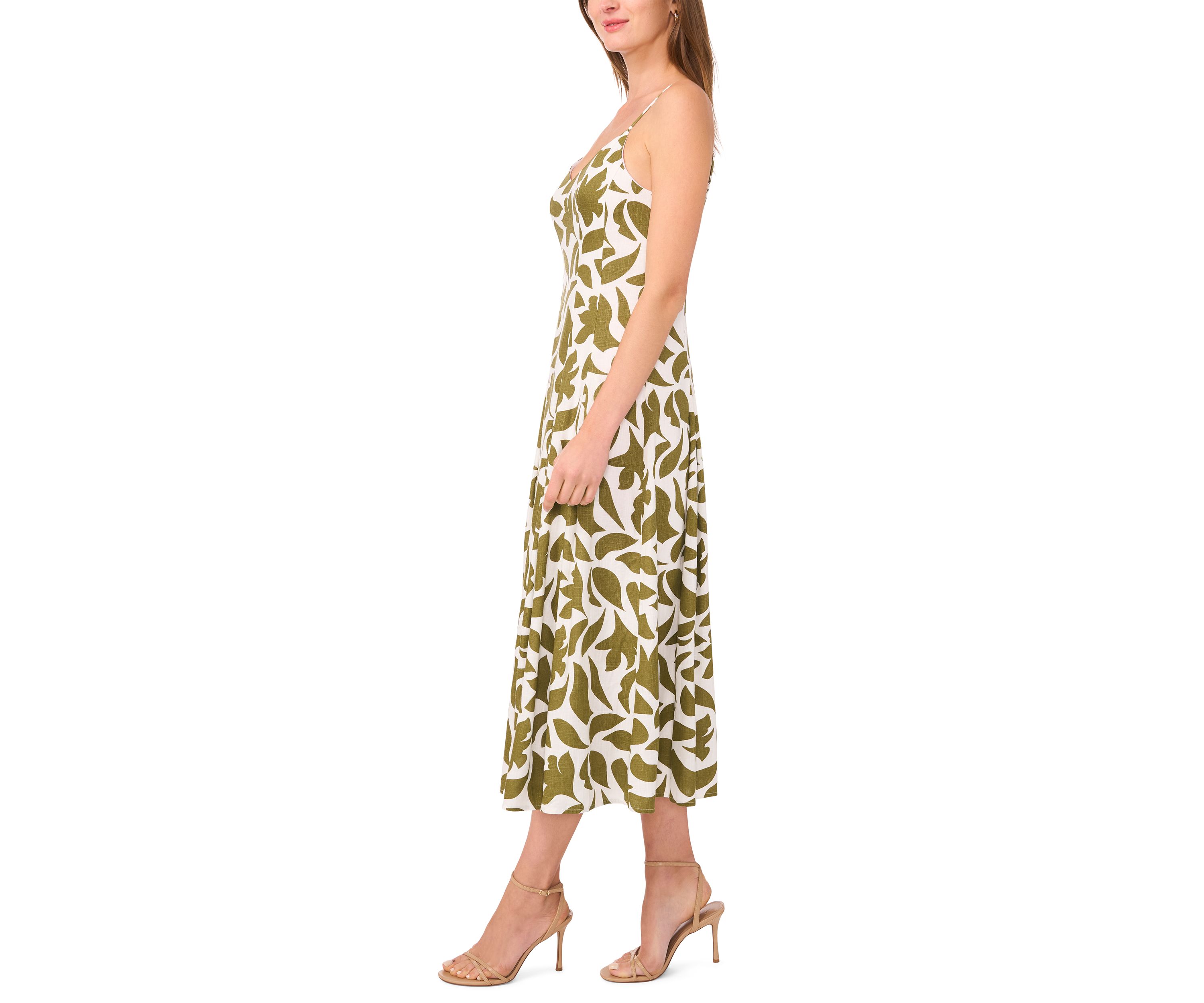 Womens V-Neck Printed A-Line Midi Dress