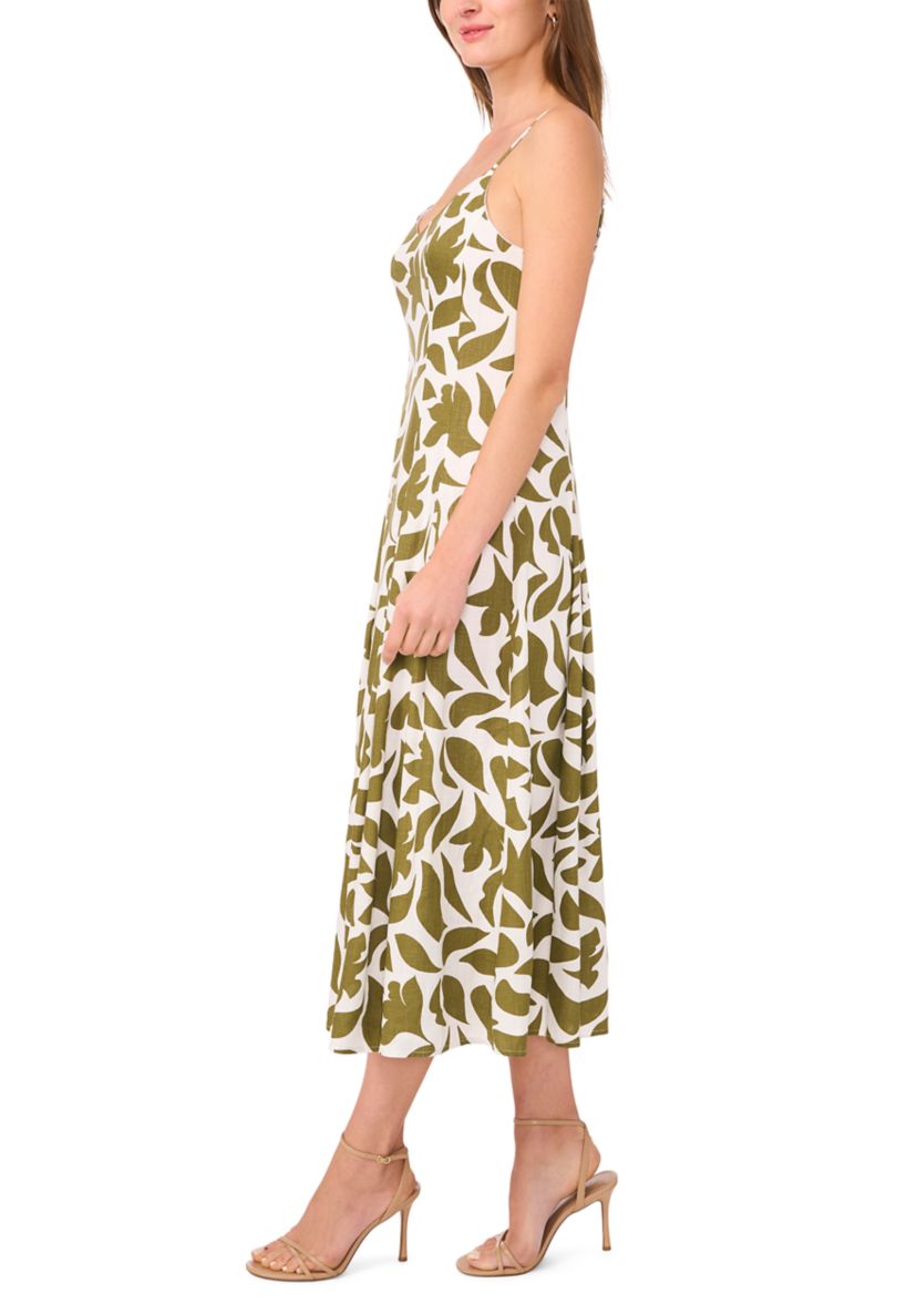 Womens V-Neck Printed A-Line Midi Dress