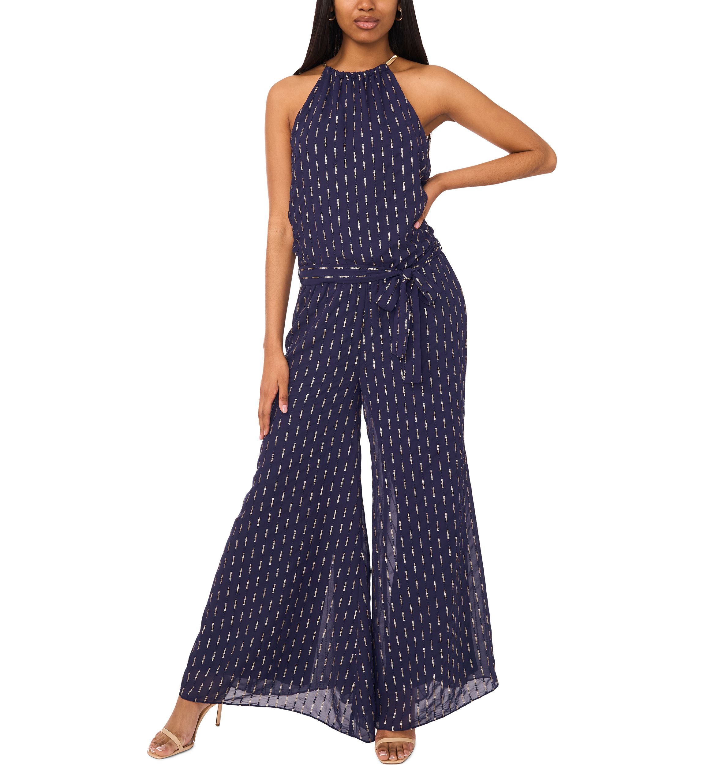 Womens Sleeveless Halter Neck Foil Jumpsuit