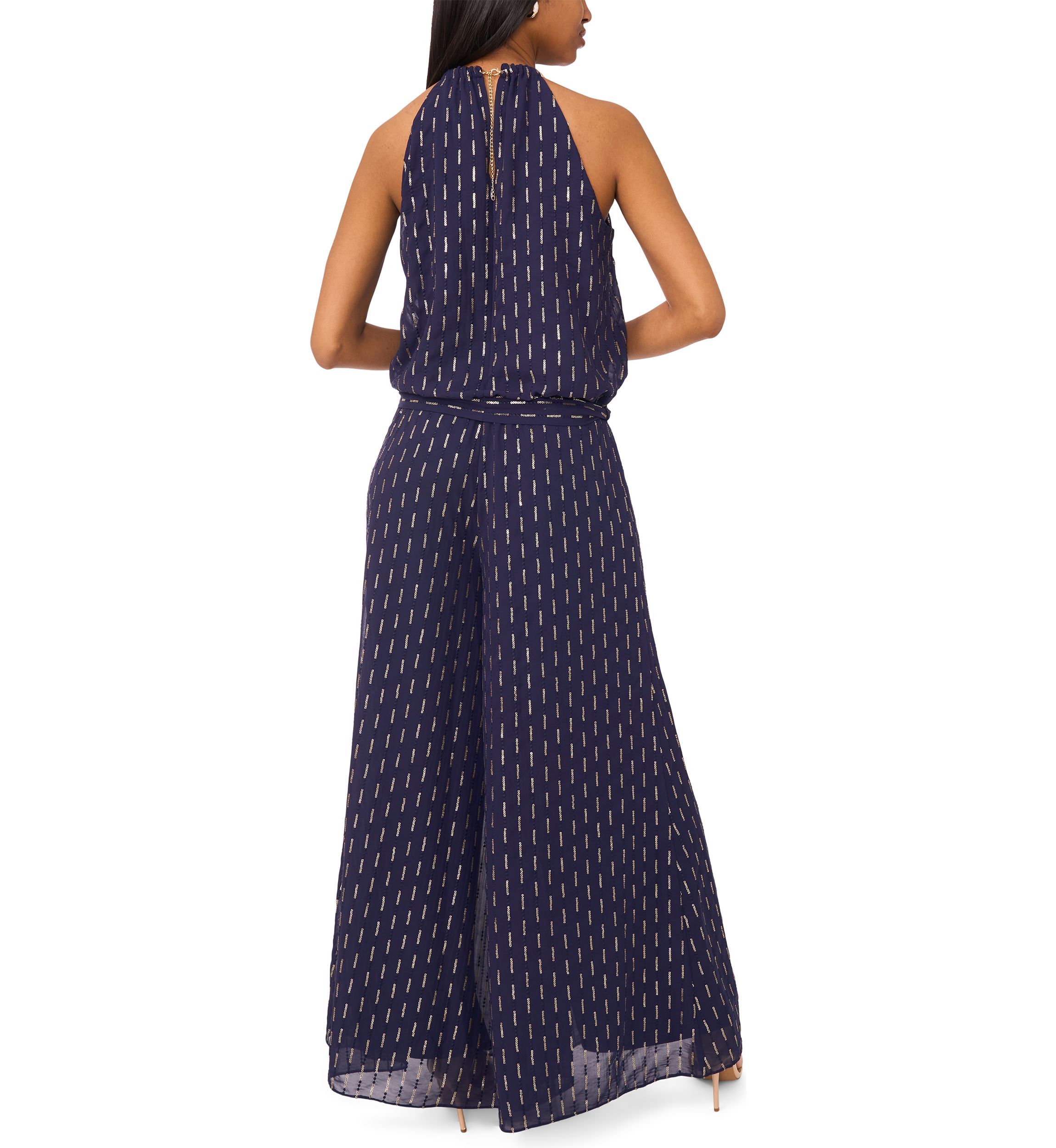 Womens Sleeveless Halter Neck Foil Jumpsuit
