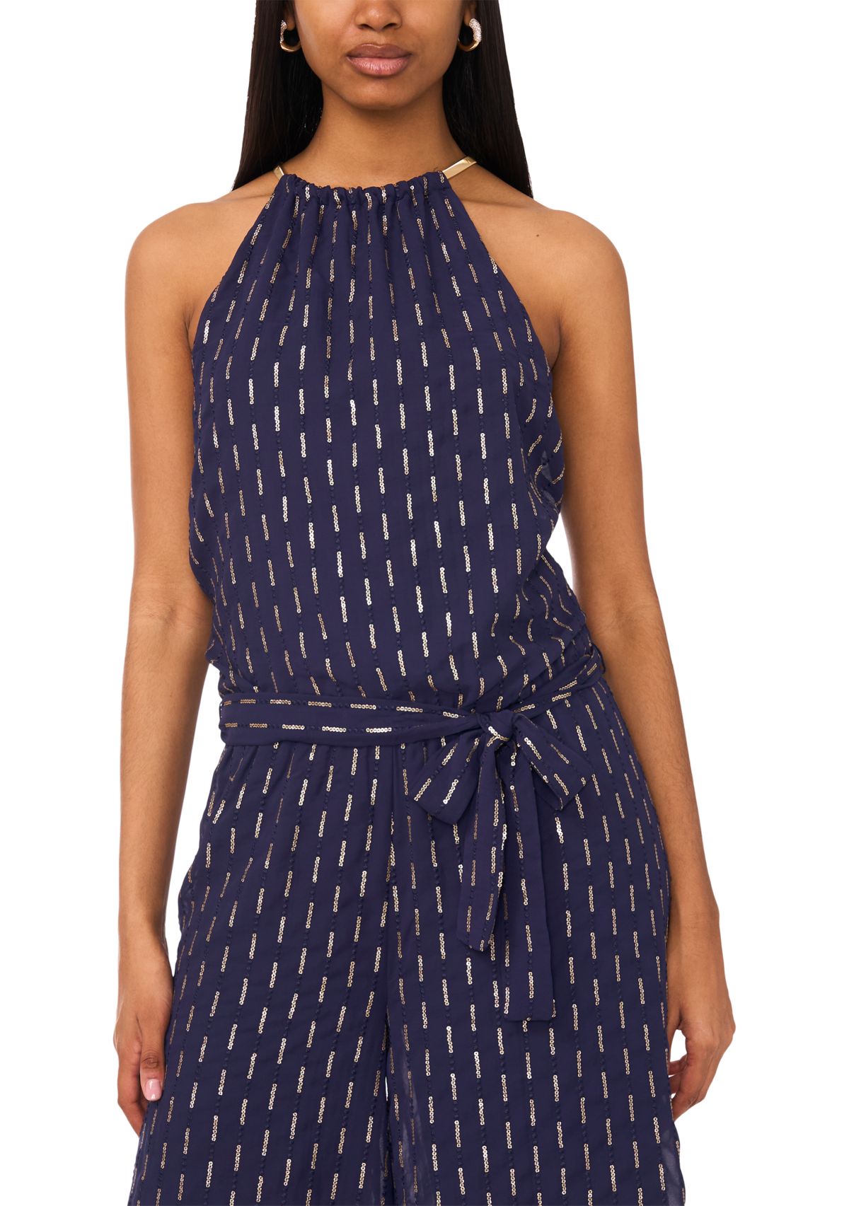Womens Sleeveless Halter Neck Foil Jumpsuit