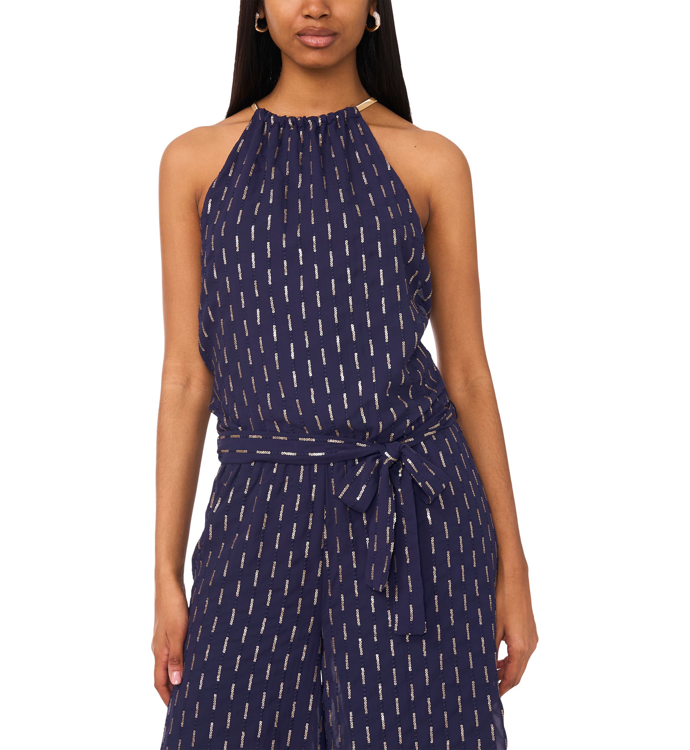 Womens Sleeveless Halter Neck Foil Jumpsuit