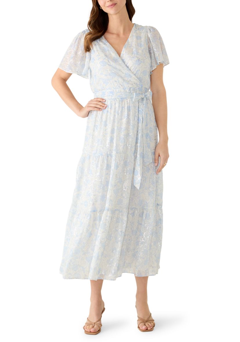 msk chiffon dress MSK Women's Short Sleeve Floral Tie Waist Chiffon Dress