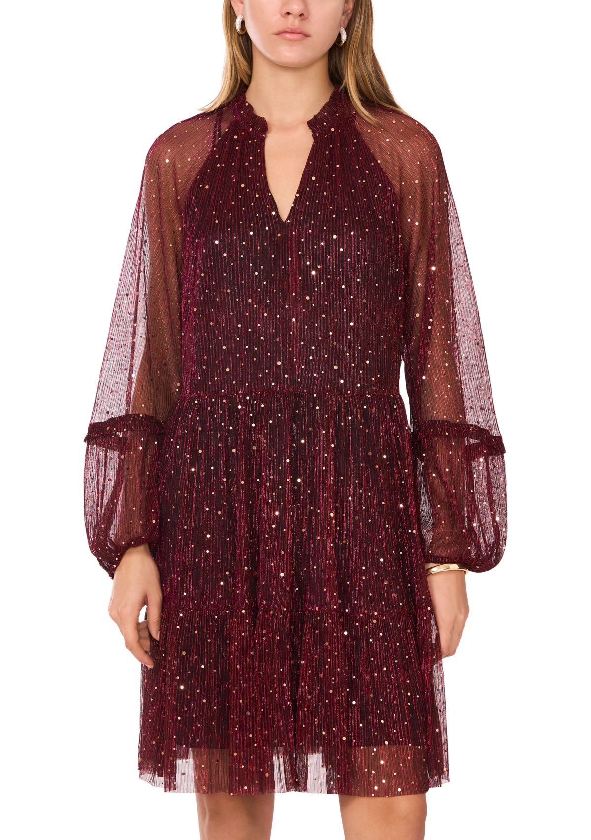 Womens Long Sleeve V-Neck Glitter A-Line Dress 