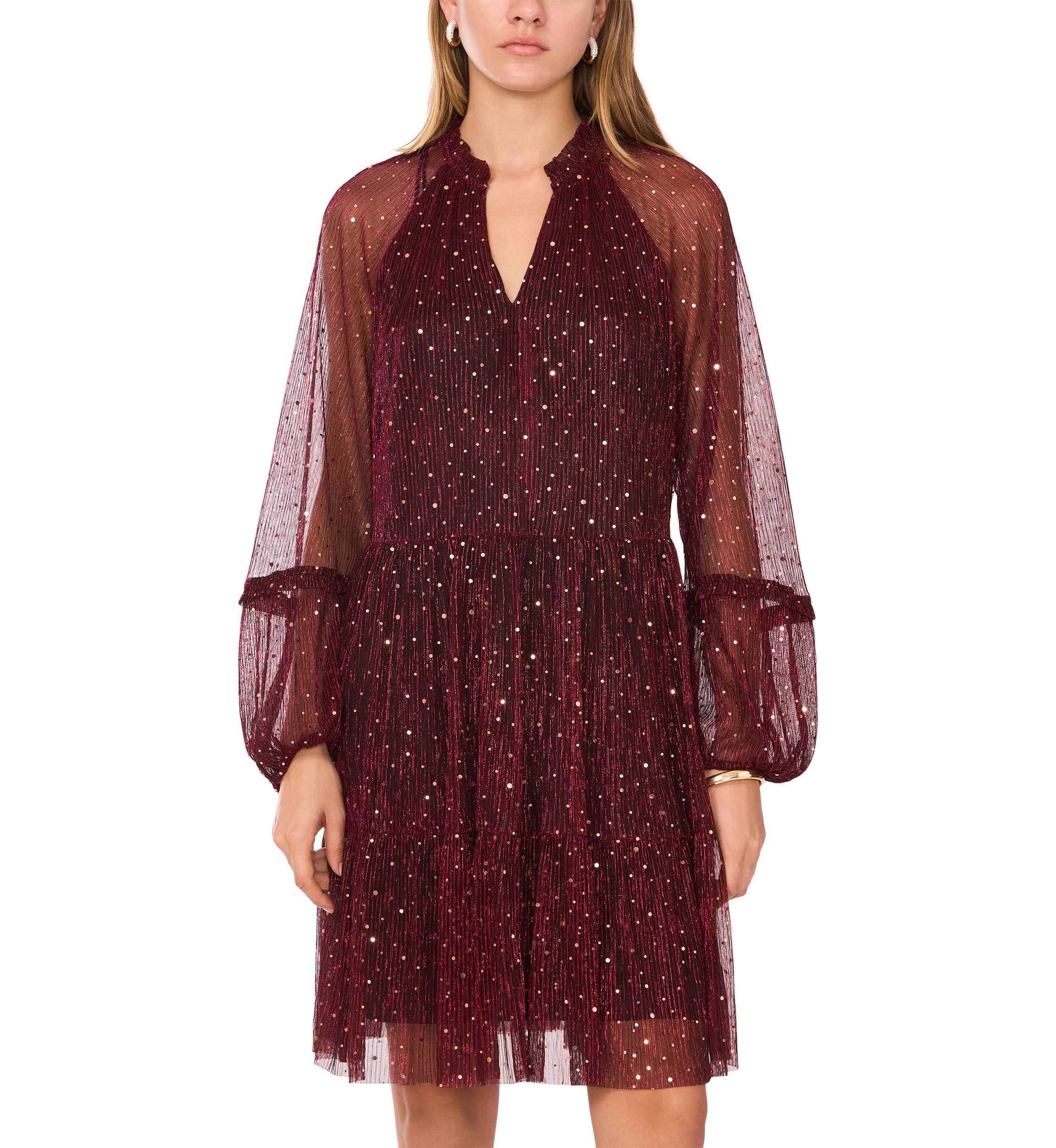 Womens Long Sleeve V-Neck Glitter A-Line Dress 