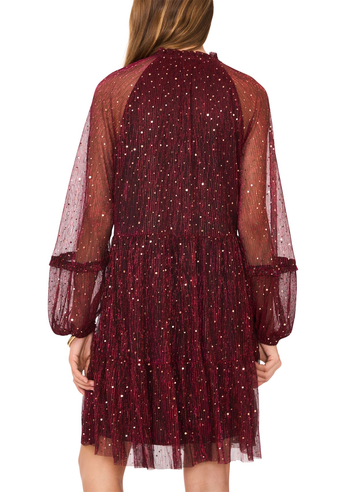 Womens Long Sleeve V-Neck Glitter A-Line Dress 