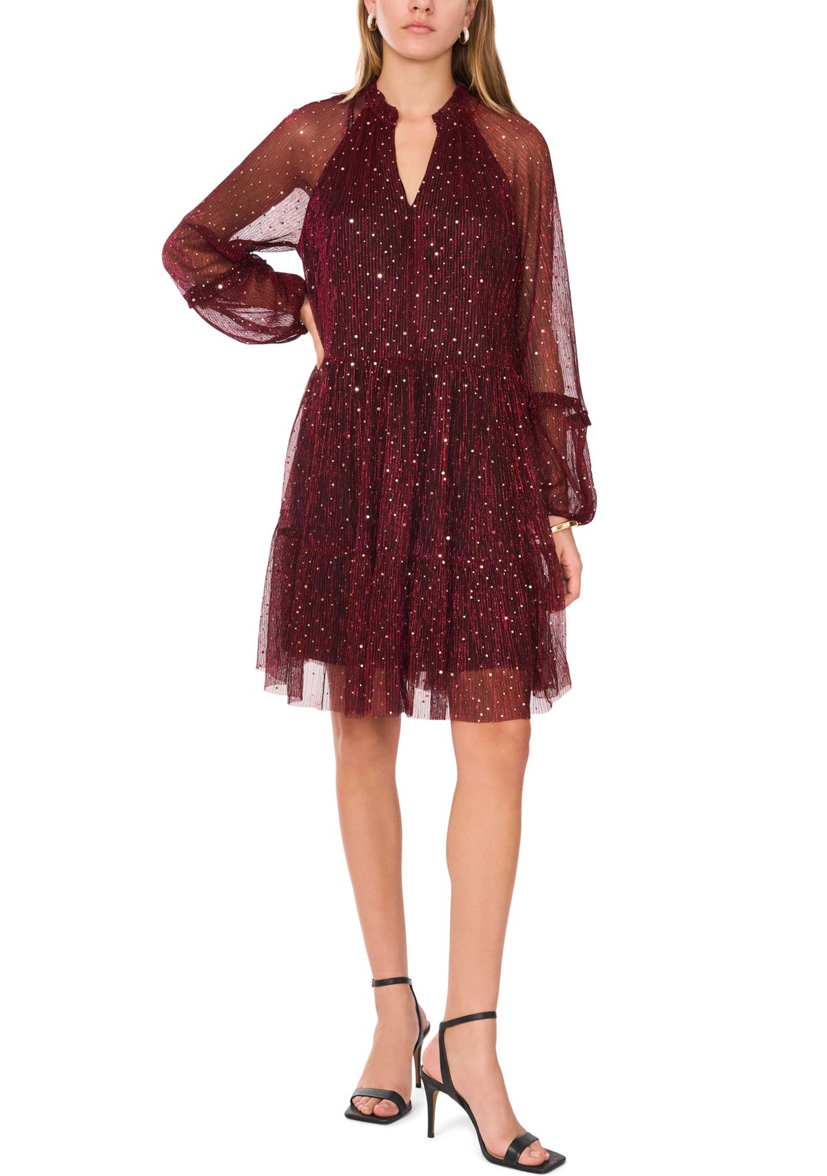 Womens Long Sleeve V-Neck Glitter A-Line Dress 