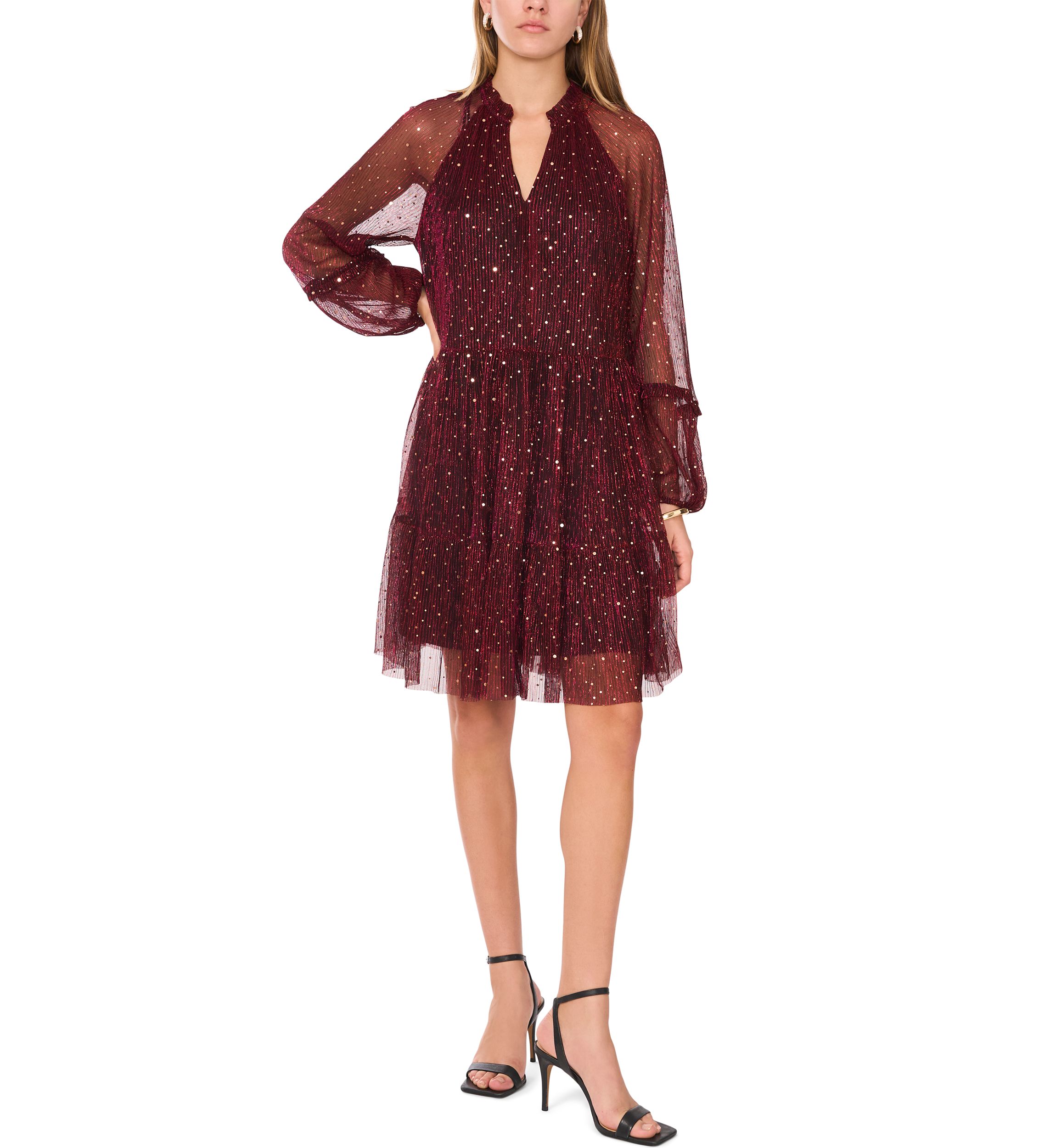 Womens Long Sleeve V-Neck Glitter A-Line Dress 