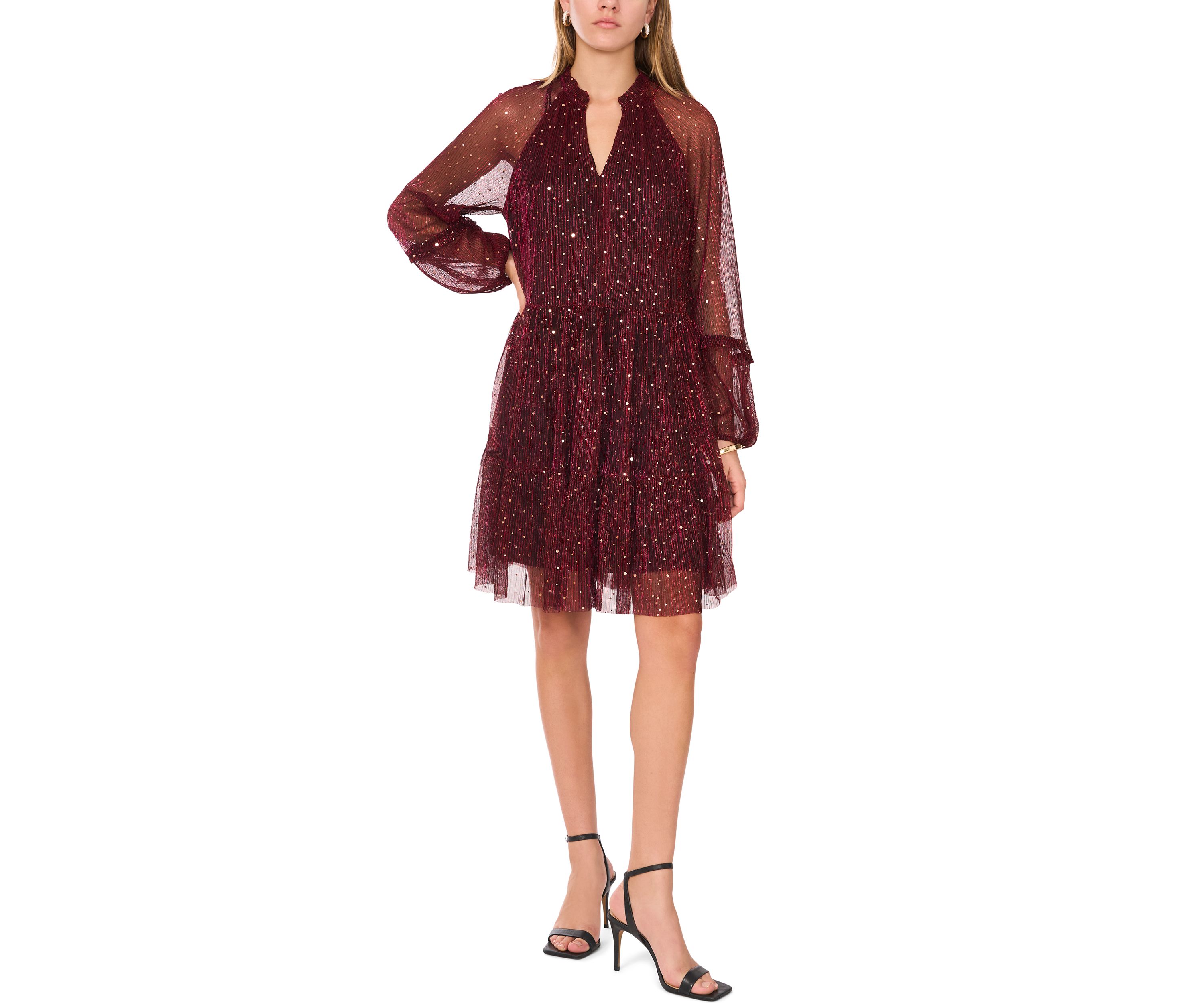 Womens Long Sleeve V-Neck Glitter A-Line Dress 