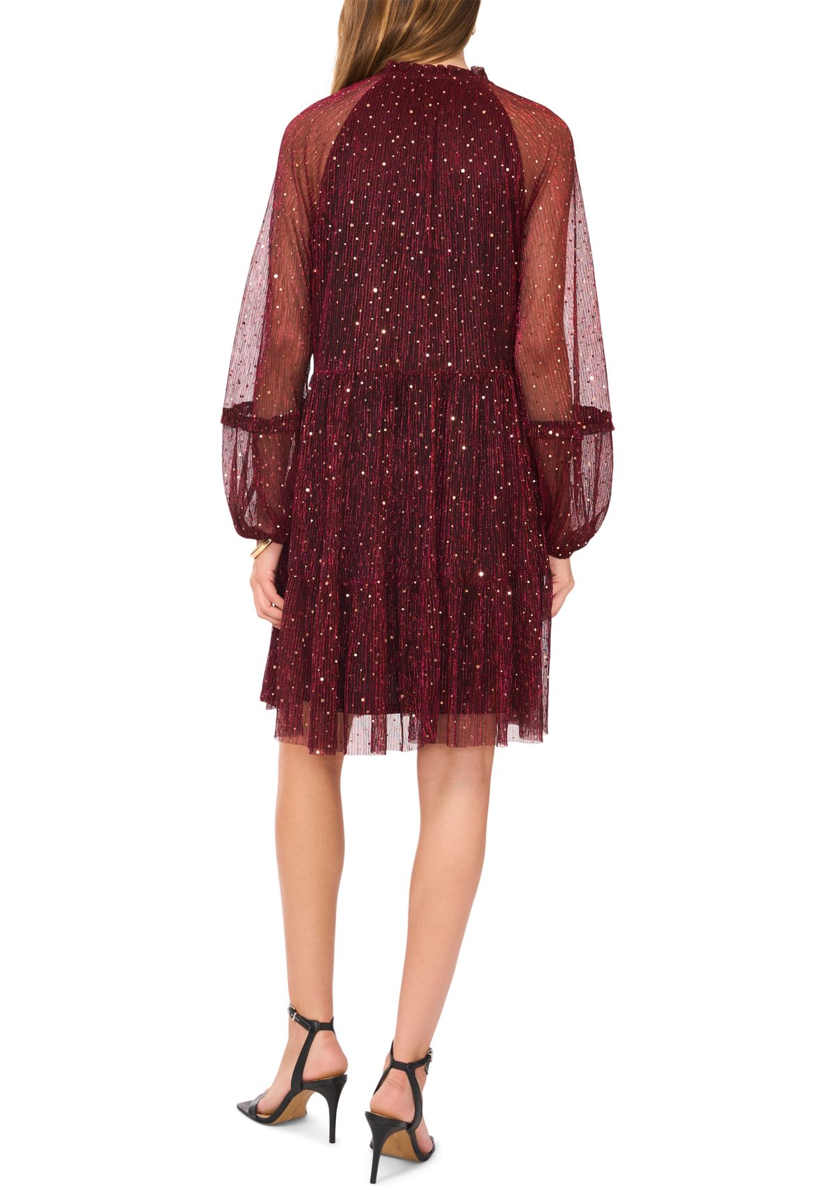 Womens Long Sleeve V-Neck Glitter A-Line Dress 