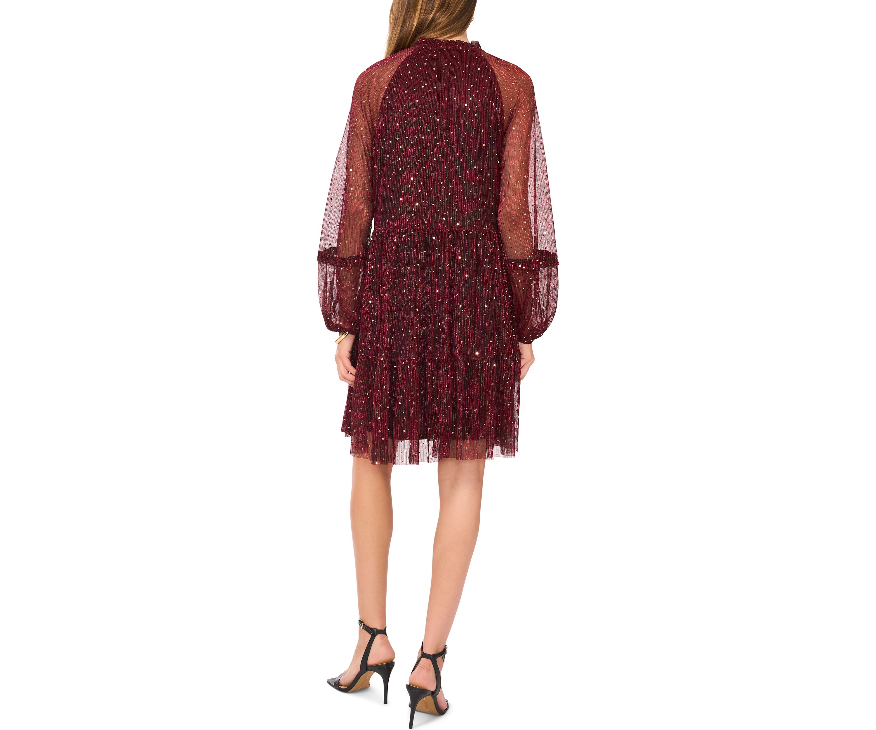 Womens Long Sleeve V-Neck Glitter A-Line Dress 