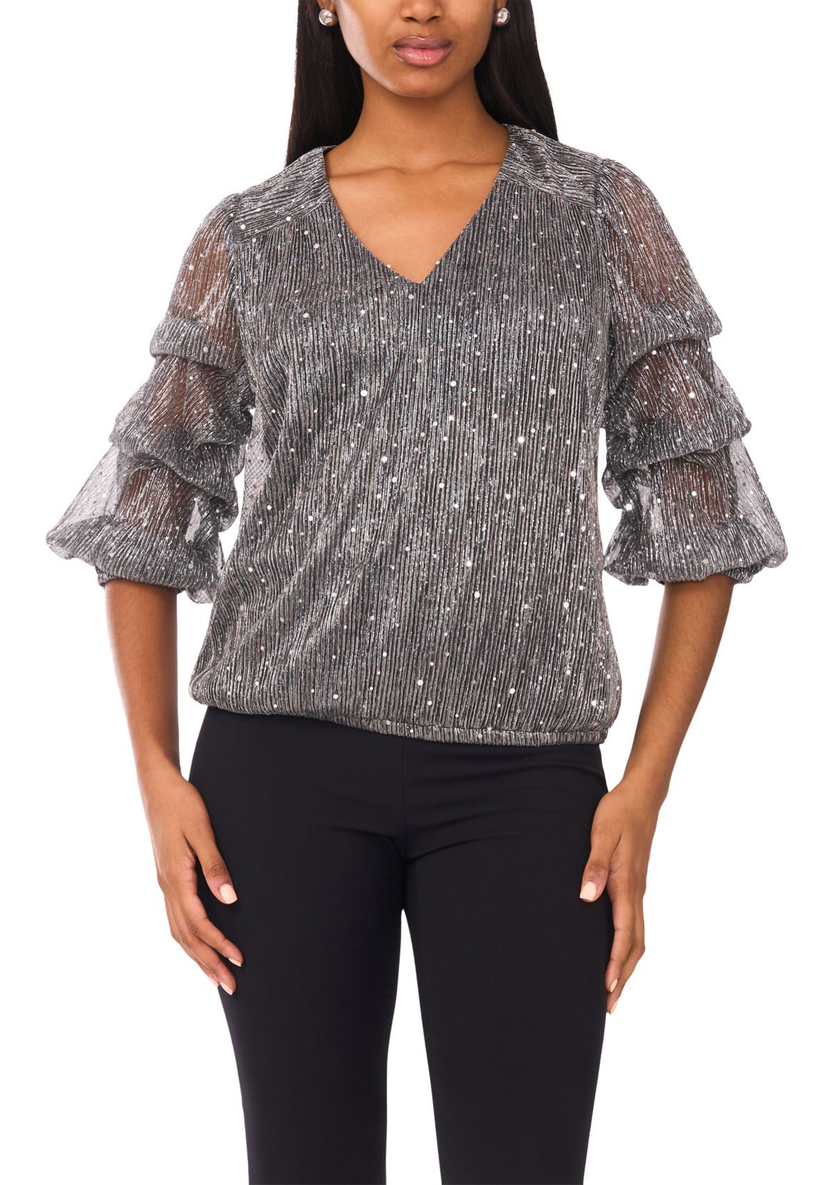 Womens 3/4 Sleeve V-Neck Glitter Knit Top
