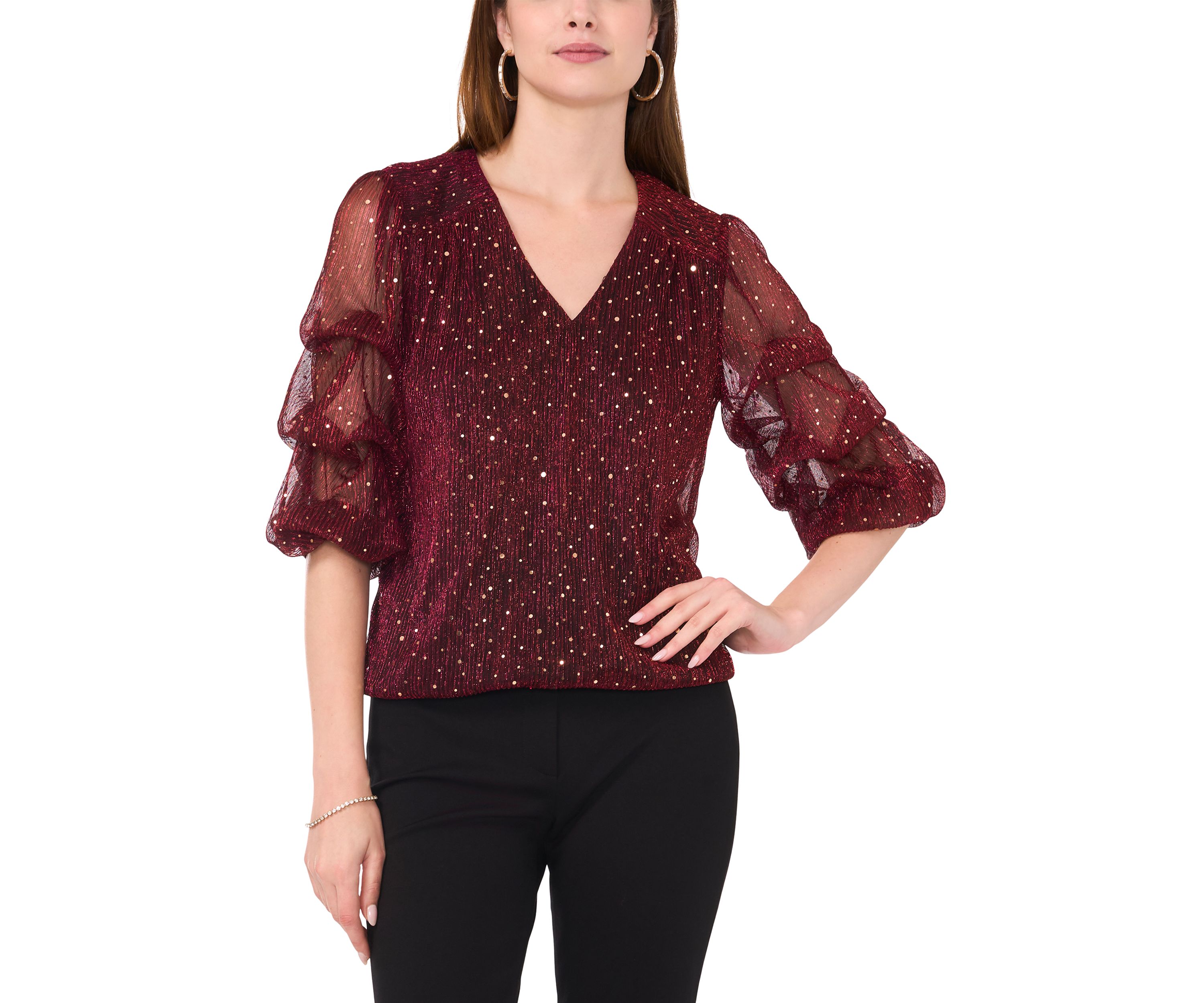 Womens 3/4 Sleeve V-Neck Glitter Knit Top