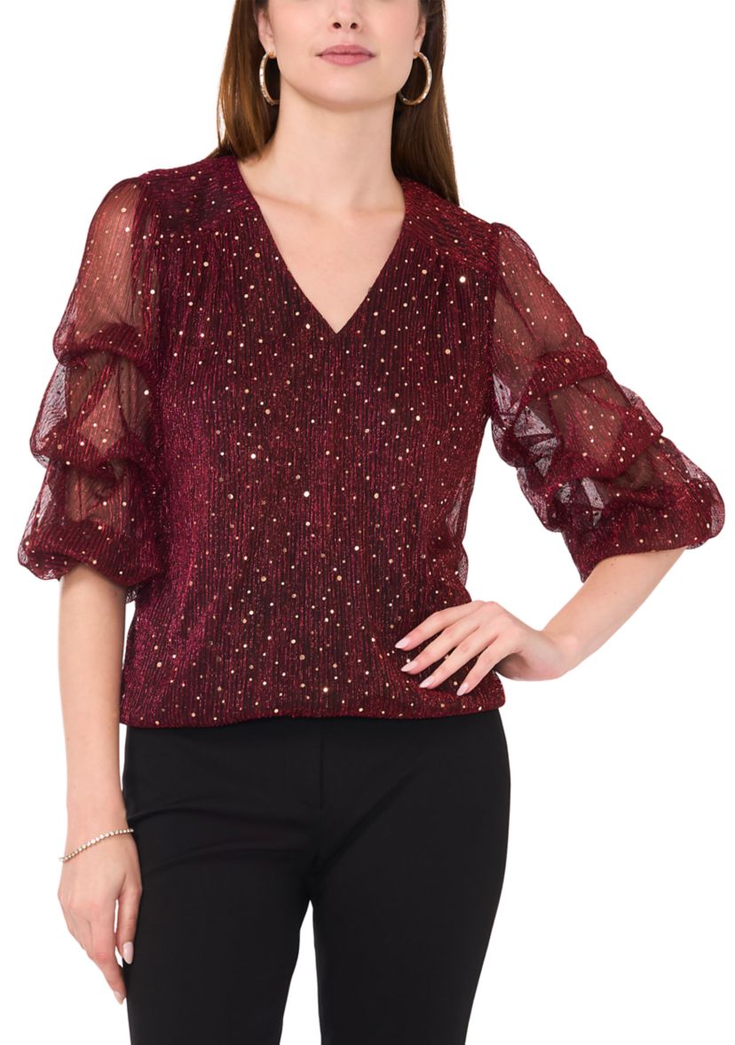 Womens 3/4 Sleeve V-Neck Glitter Knit Top