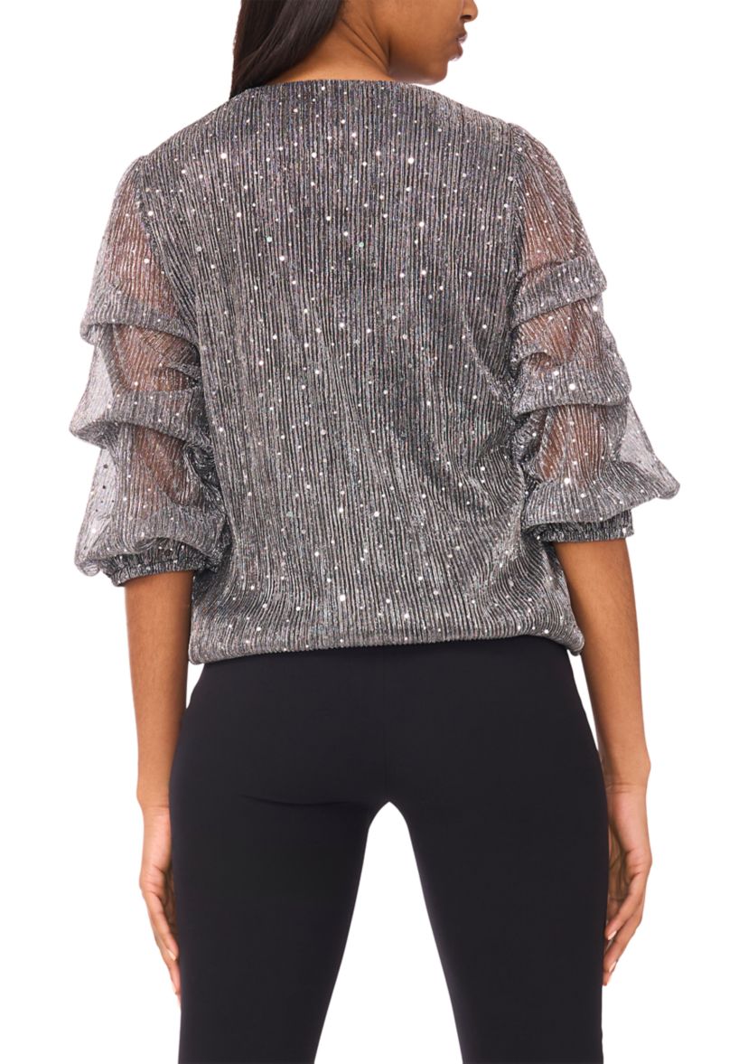 Womens 3/4 Sleeve V-Neck Glitter Knit Top