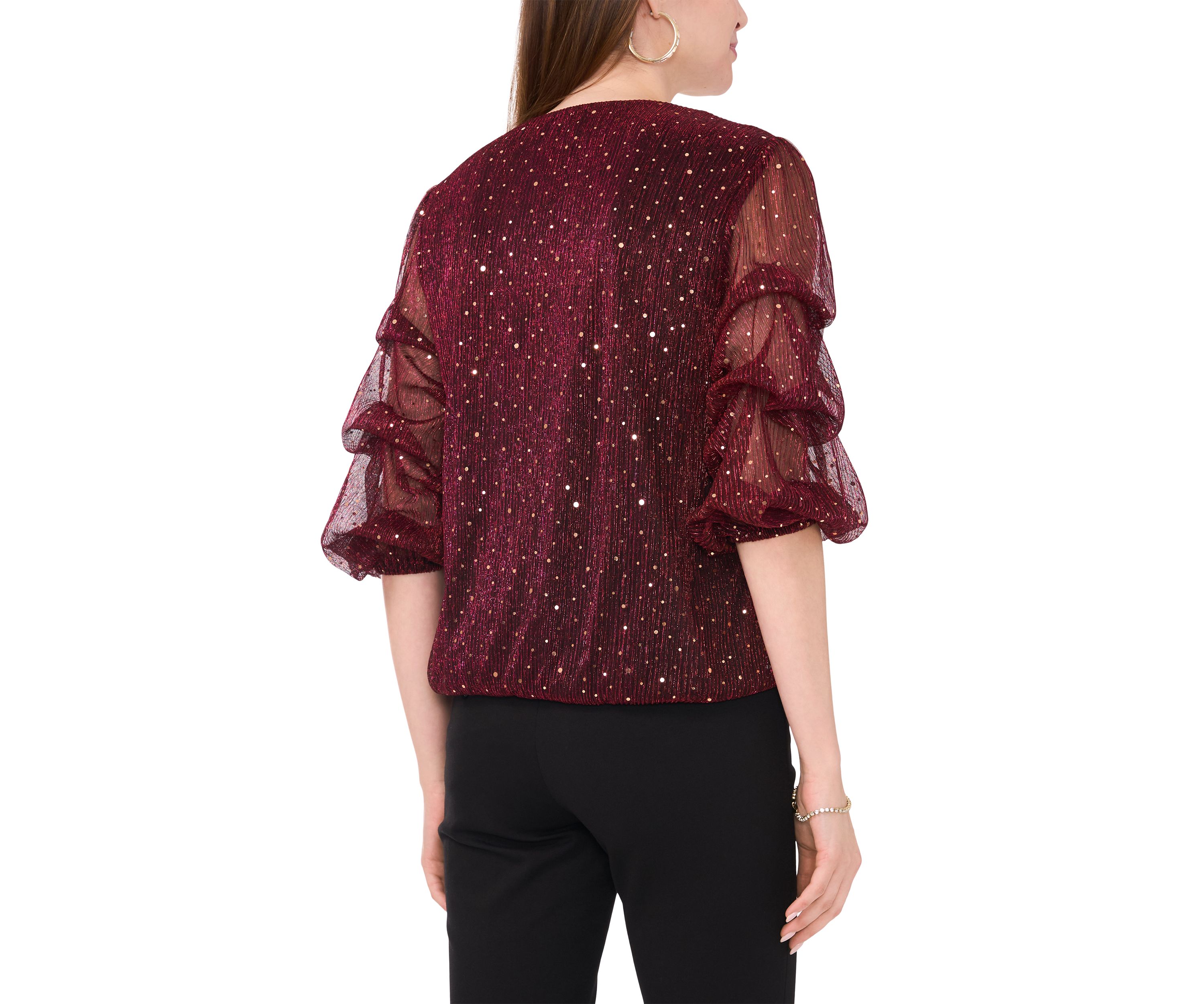 Womens 3/4 Sleeve V-Neck Glitter Knit Top