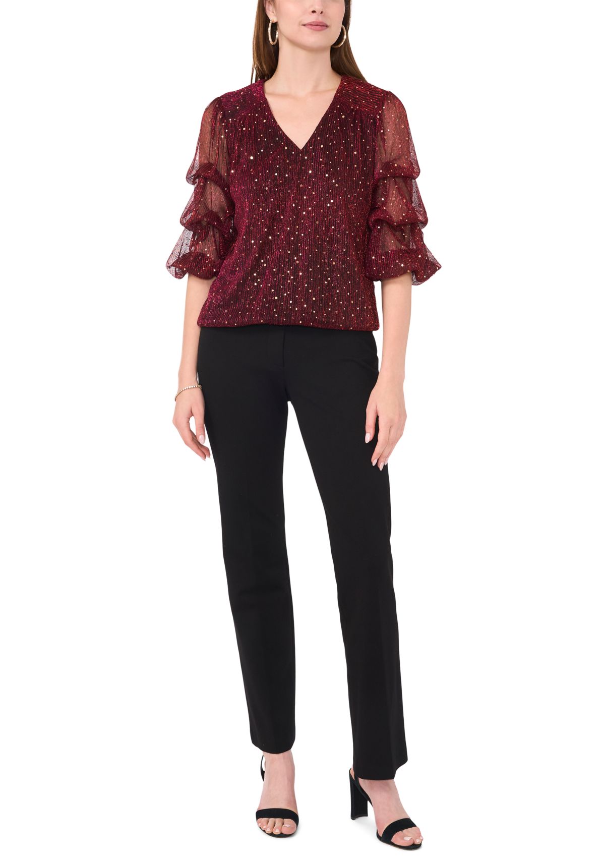 Womens 3/4 Sleeve V-Neck Glitter Knit Top