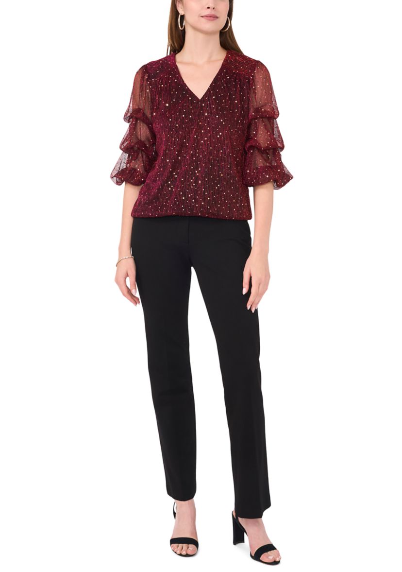 Womens 3/4 Sleeve V-Neck Glitter Knit Top