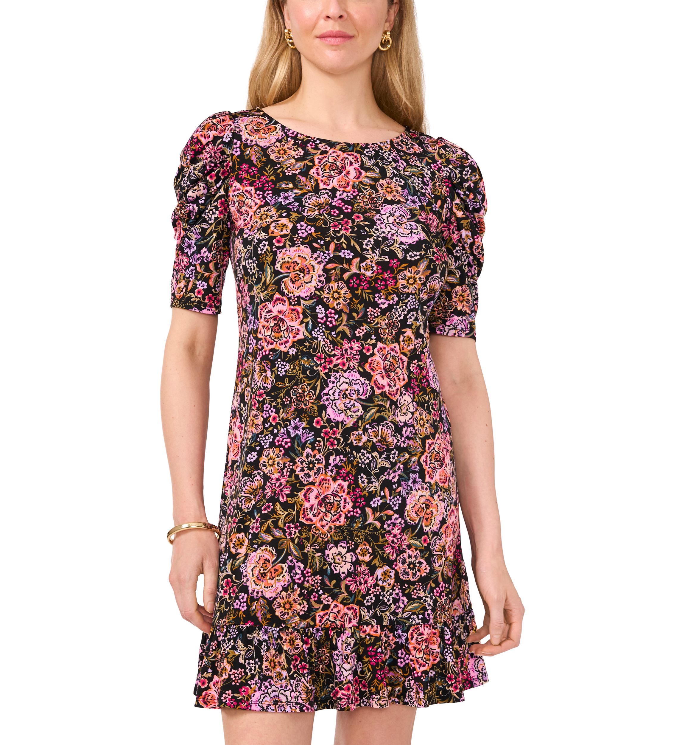 Womens Floral Printed Ruffled Hem Sheath Dress