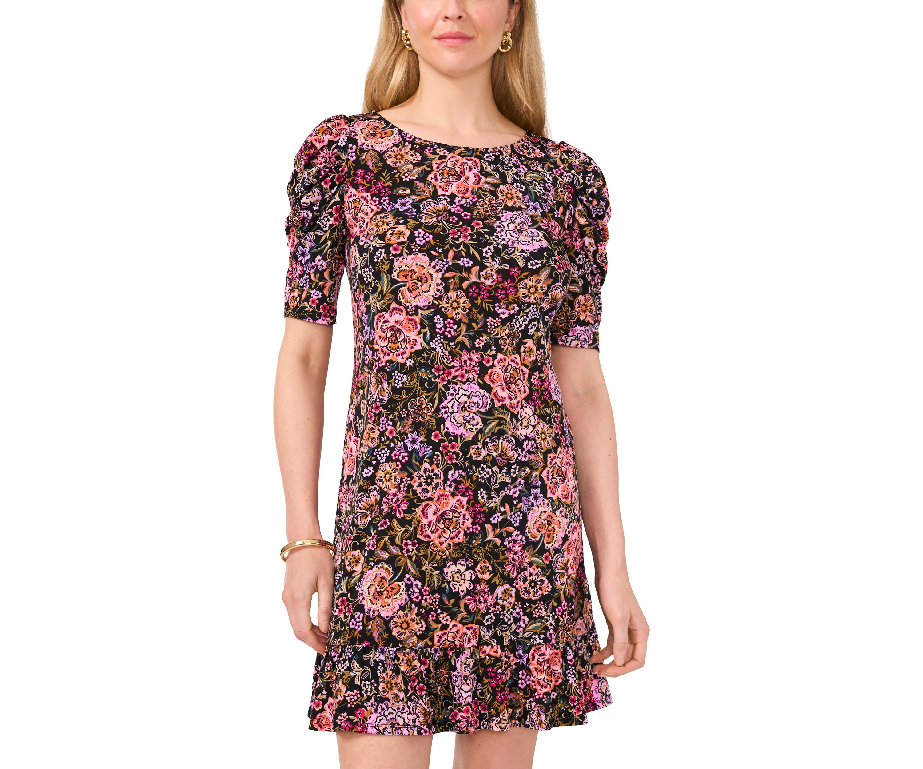 Womens Floral Printed Ruffled Hem Sheath Dress