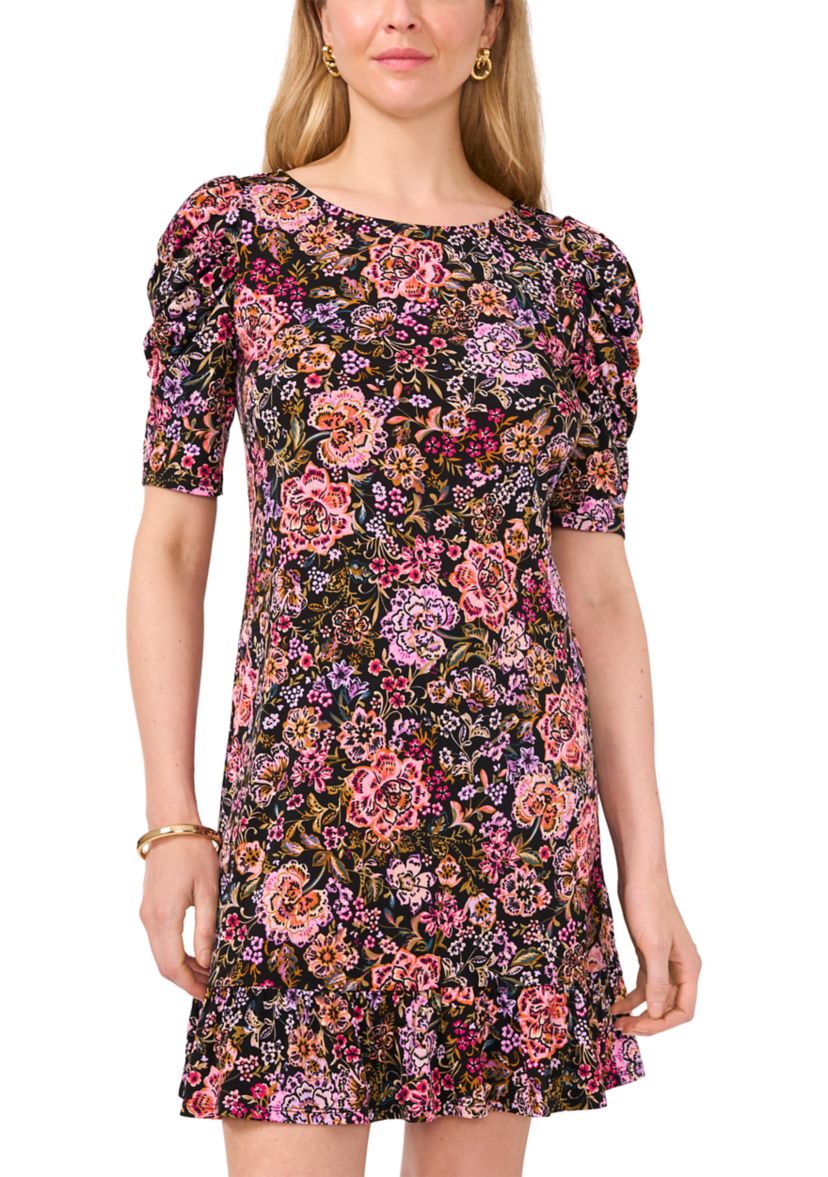 Womens Floral Printed Ruffled Hem Sheath Dress