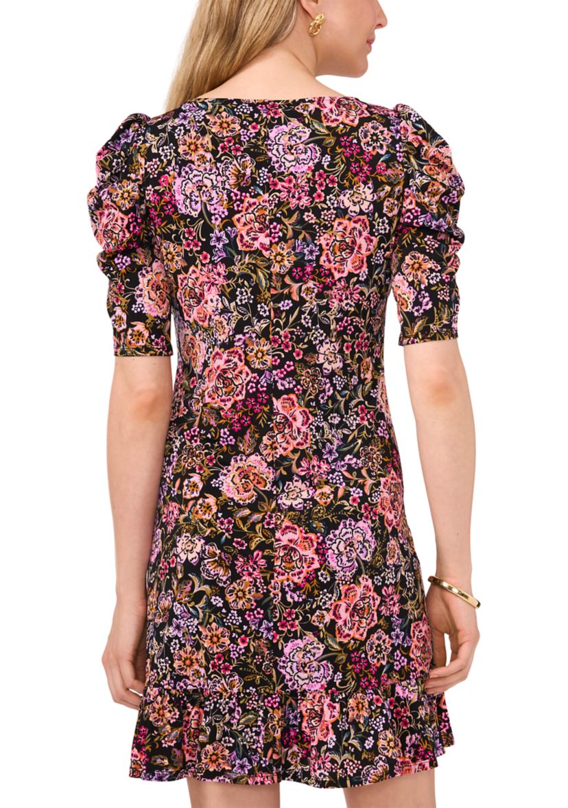 Womens Floral Printed Ruffled Hem Sheath Dress