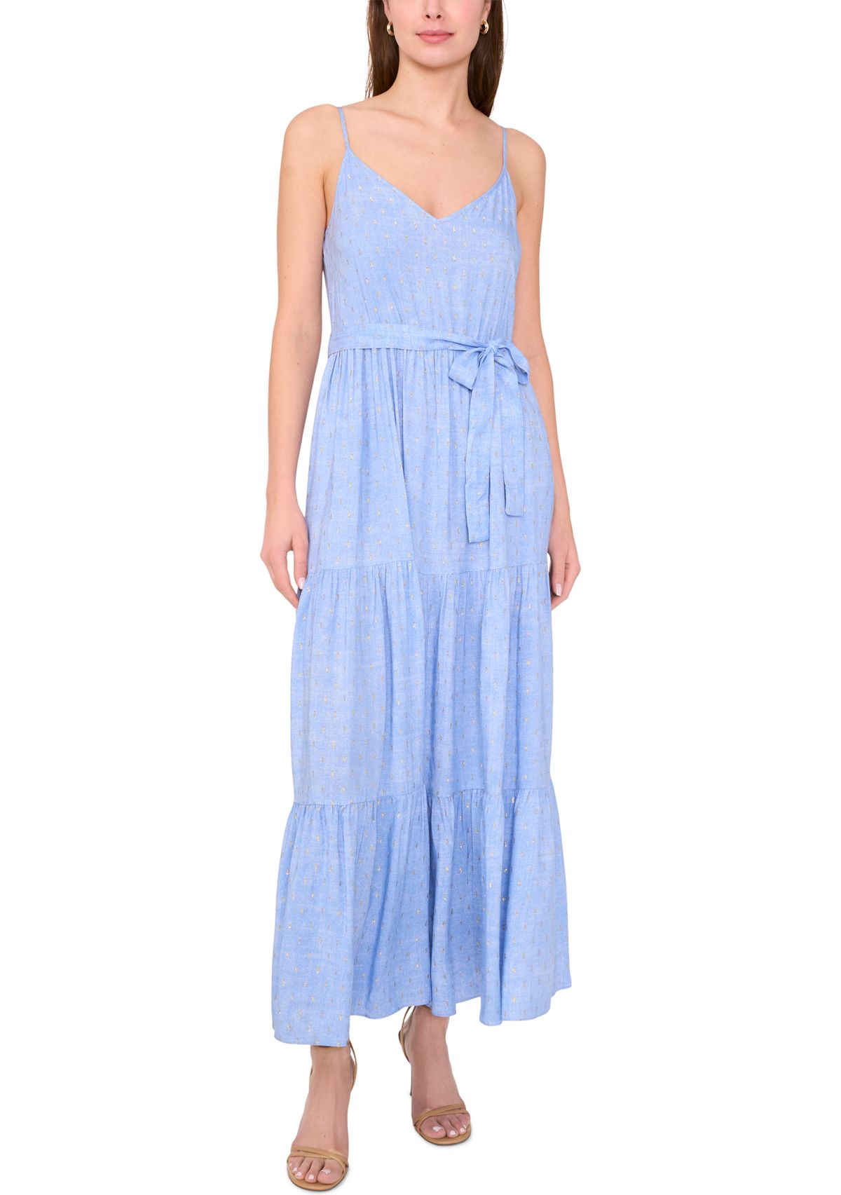 Womens Sleeveless V-Neck Tiered Maxi Dress