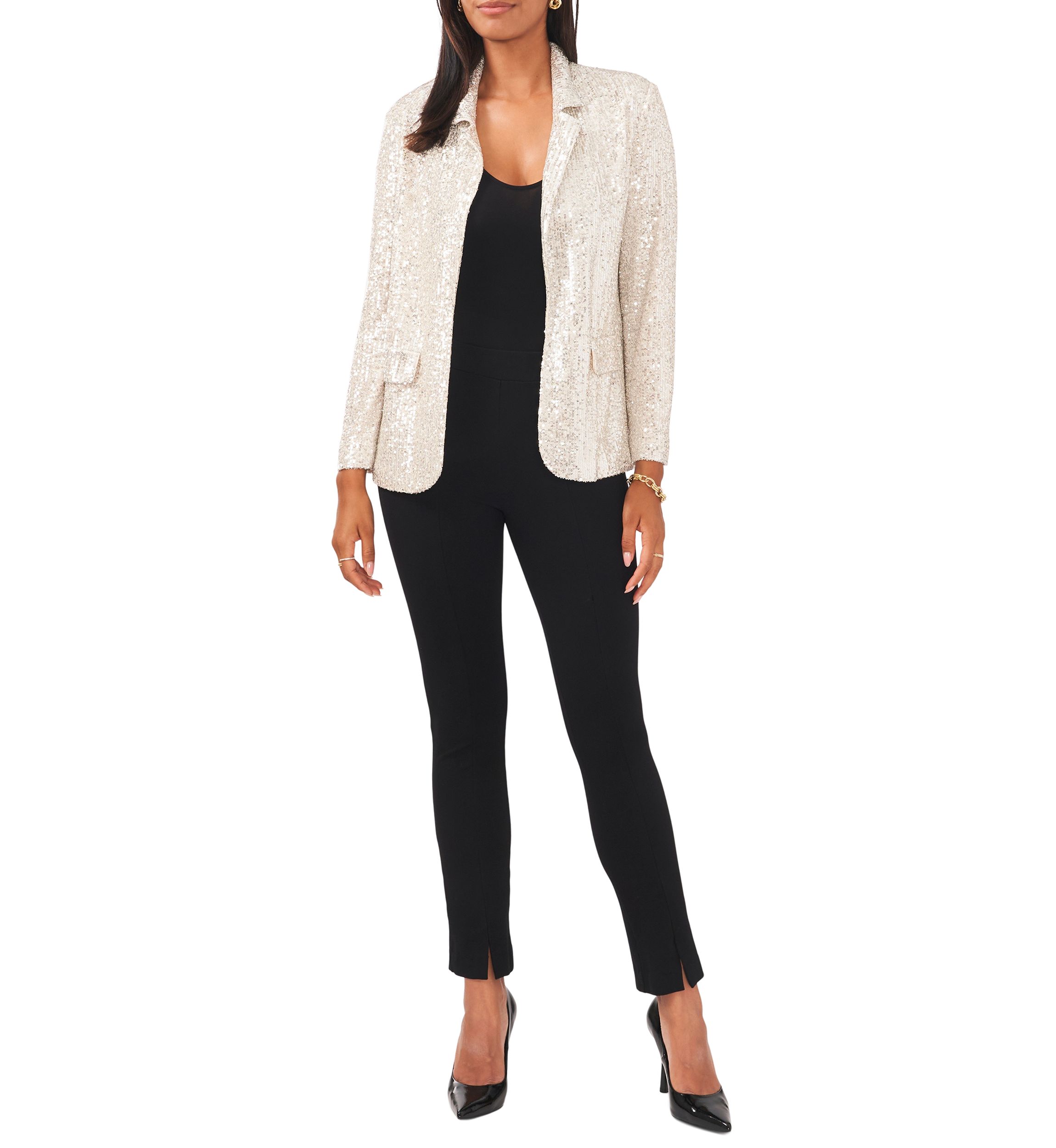 Womens Notch Collar Sequin Blazer 