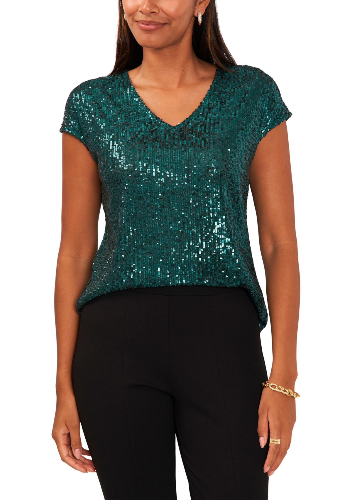 Womens Sequin V-Neck Short Sleeve Top