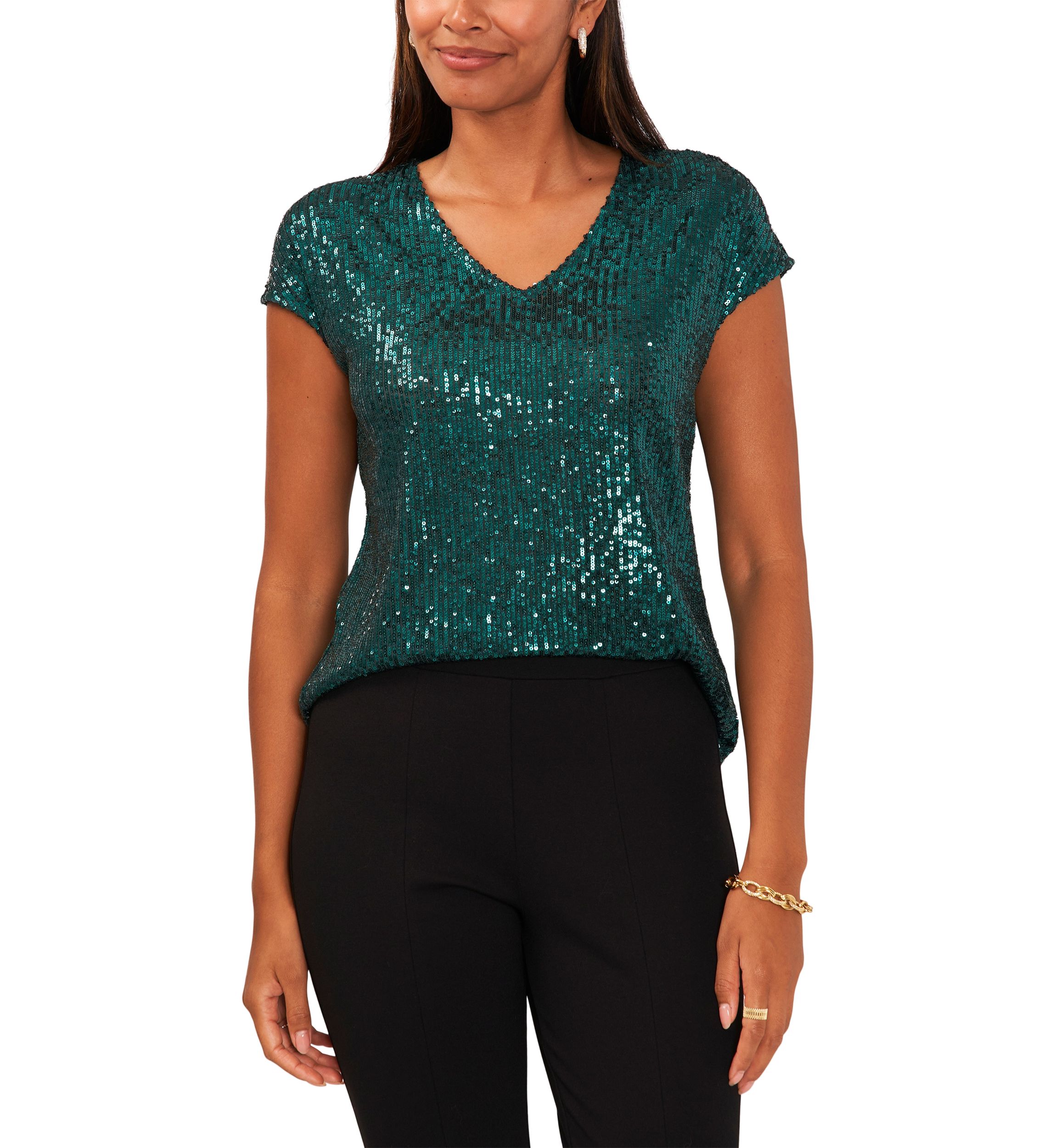 Womens Sequin V-Neck Short Sleeve Top